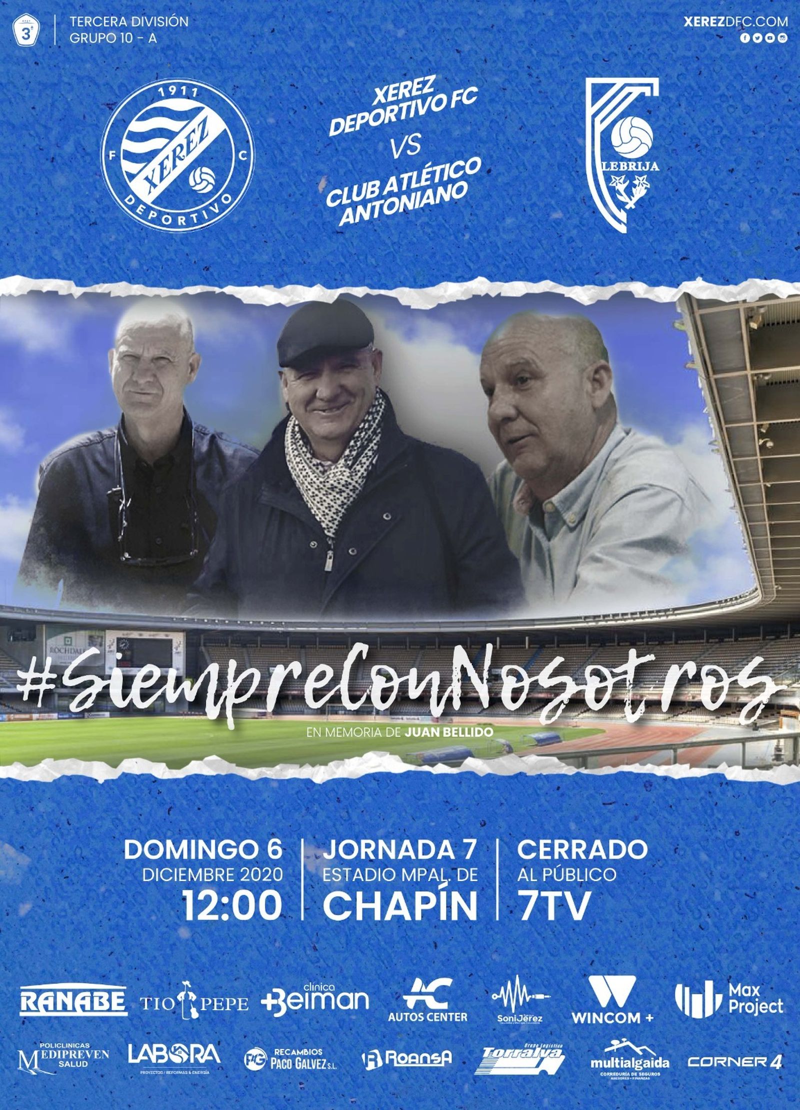 Detalle del cartel del partido del Xerez DFC ante el Antoniado que recuerda a Juan Bellido.