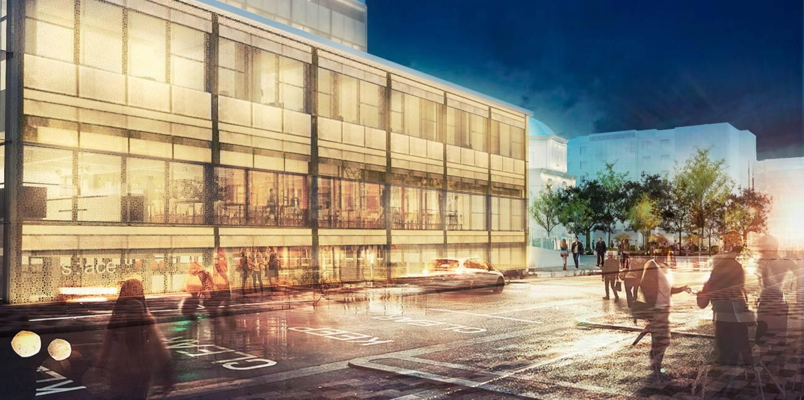 Recreación de una de las fachadas en horario nocturno