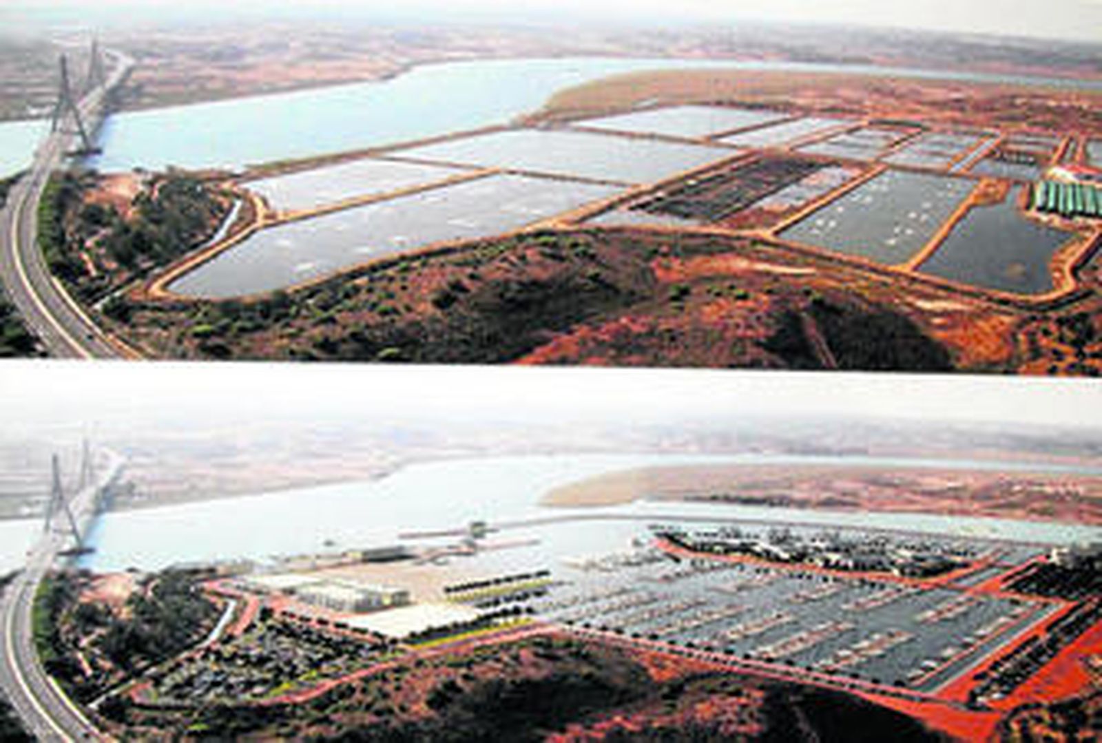Comparación de la margen derecha del río Guadiana, Costa Esuri, con barcos simulados y el estado actual, arriba.