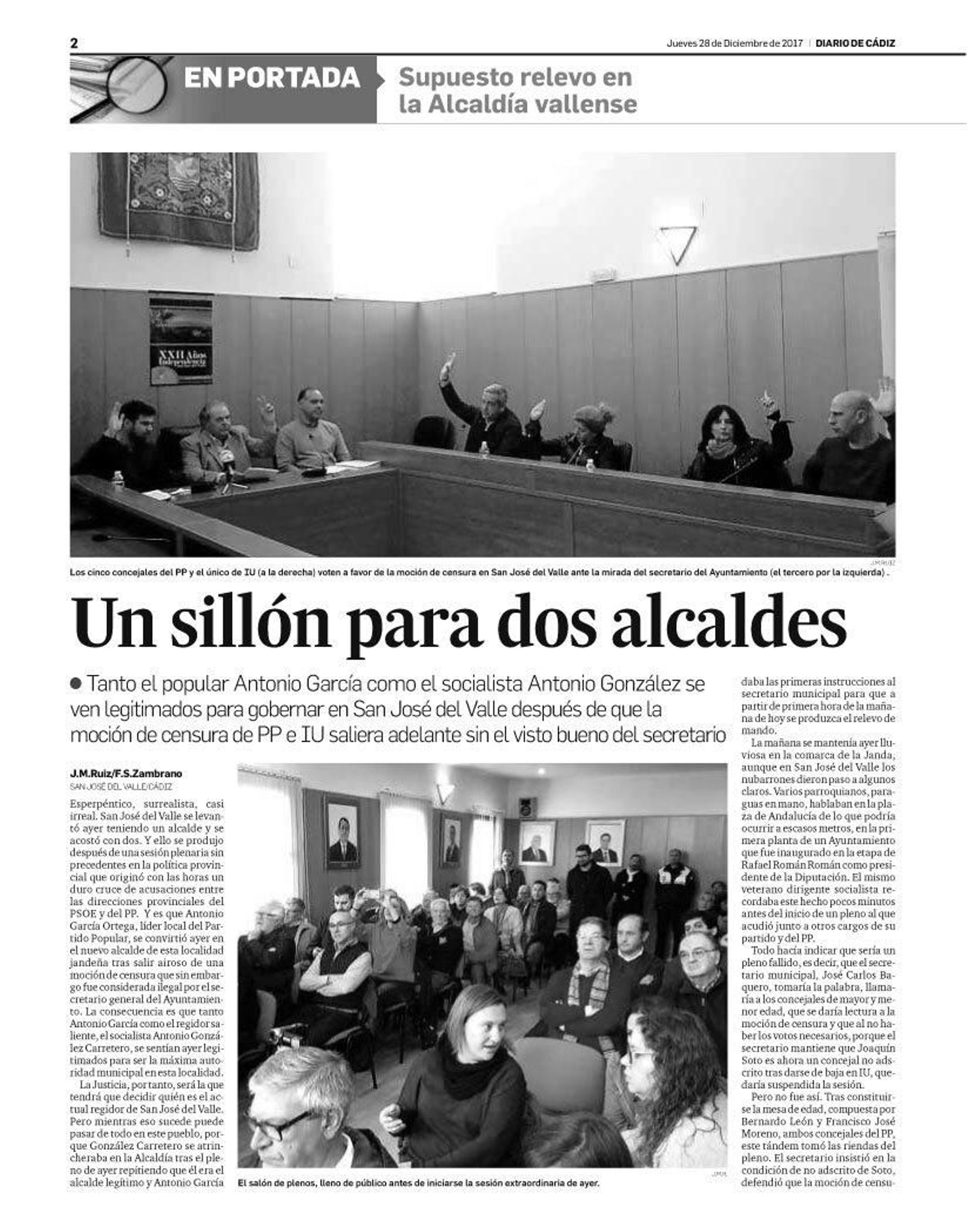 Página de 'Diario de Cádiz' del 28 de diciembre de 2017, con la crónica del pleno de la moción de censura. Página de 'Diario de Cádiz' del 28 de diciembre de 2017, con la crónica del pleno de la moción de censura.