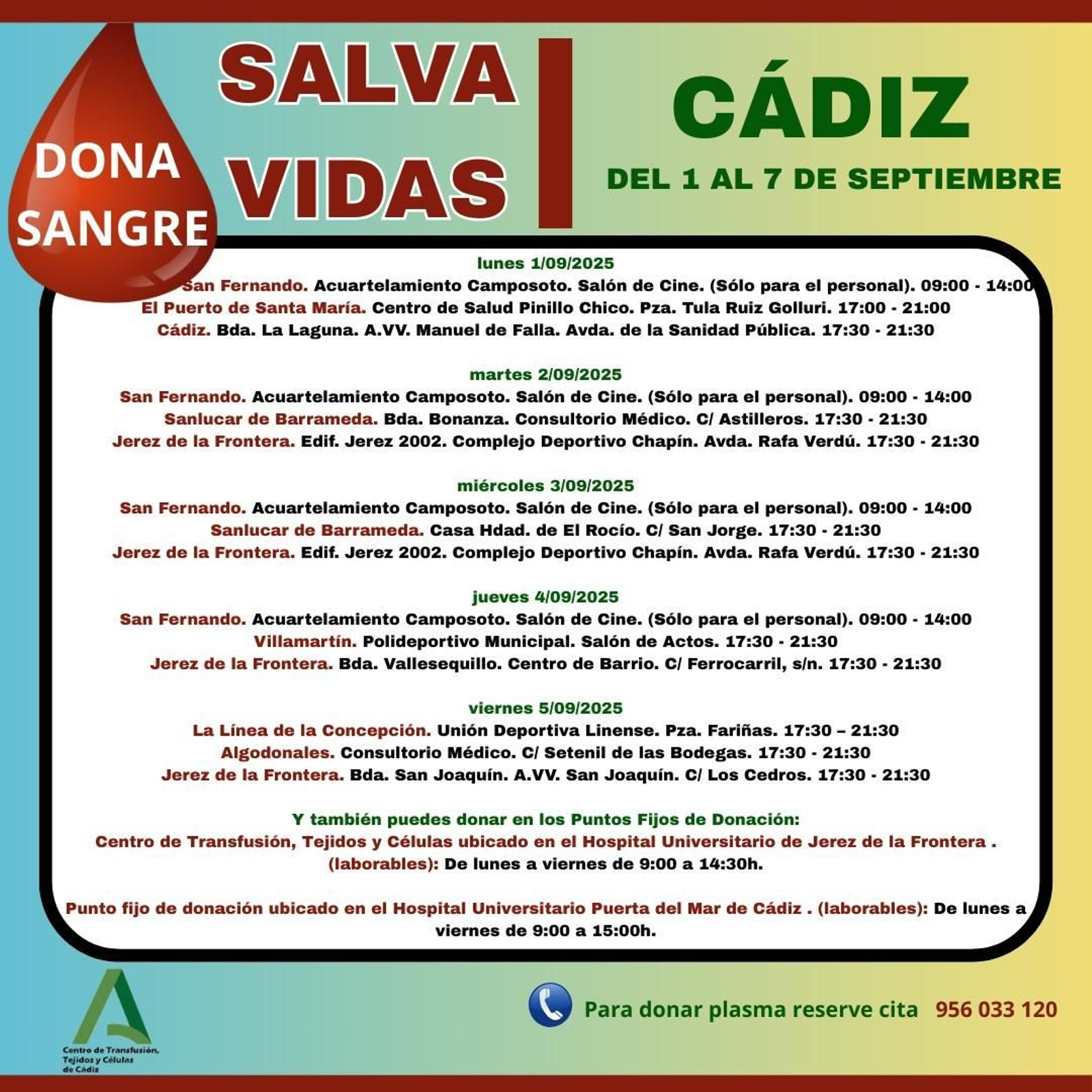 Colectas de sangre en la provincia de Cádiz.