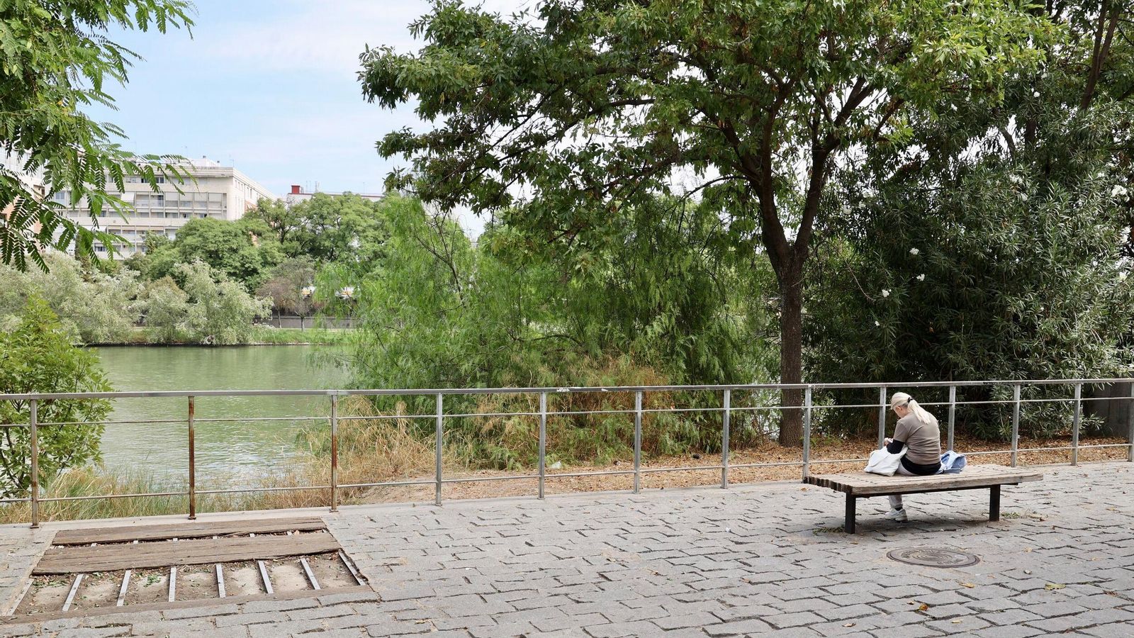 Algunos desperfectos en el pavimento de adoquín de granito.