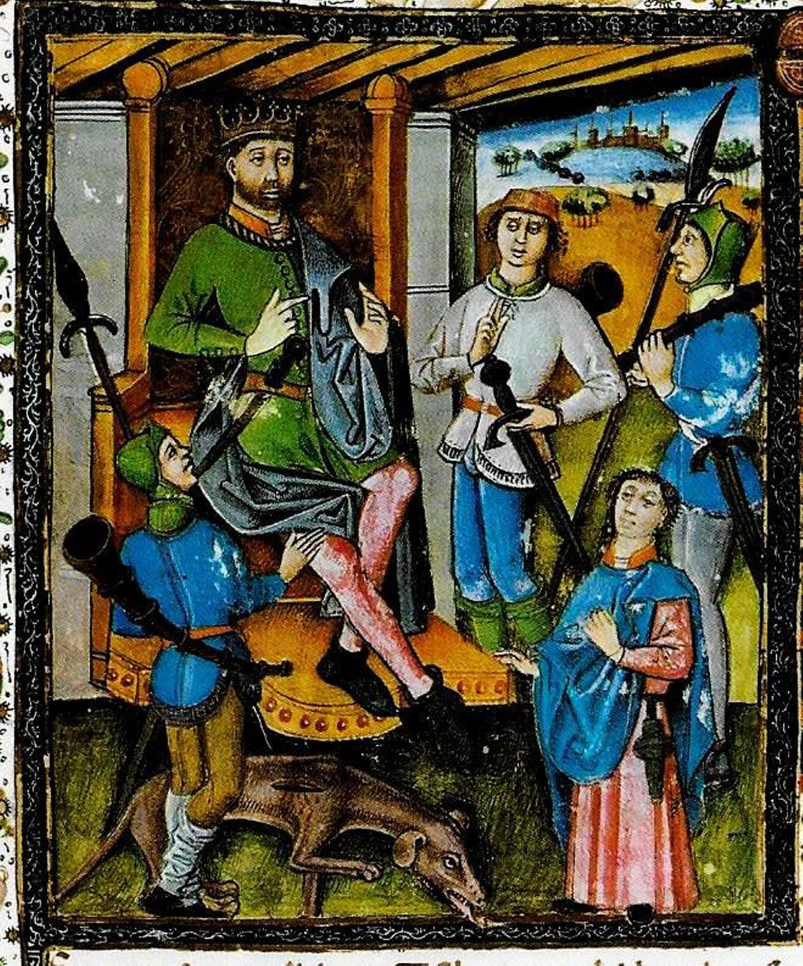 Miniatura del rey Alfonso XI de Castilla y León en el 'Libro de la Montería' (1346).