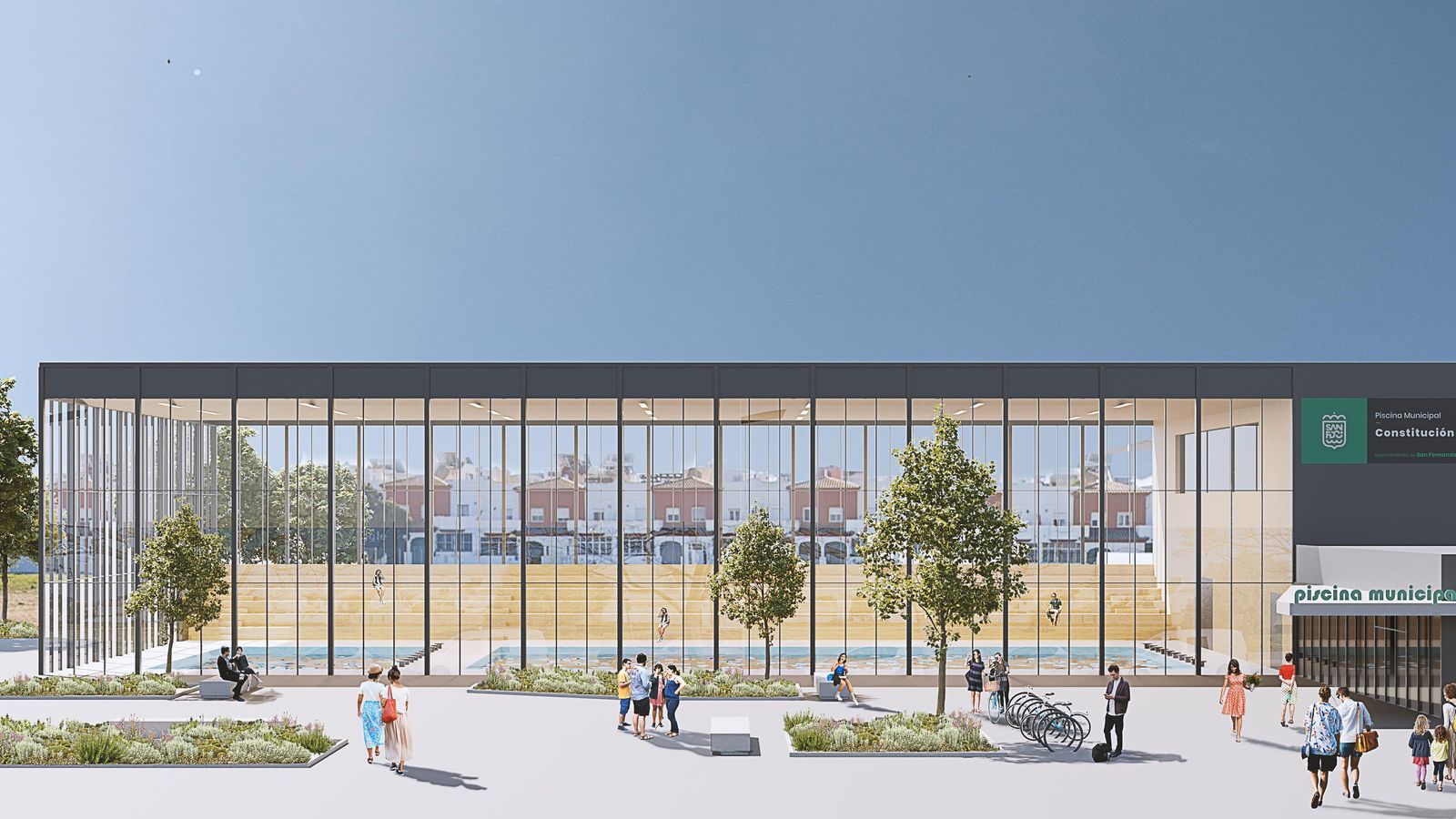 Recreación digital de la piscina cubierta con dimensiones olímpicas que el PSOE propone construir en la avenida Constitución de San Fernando.