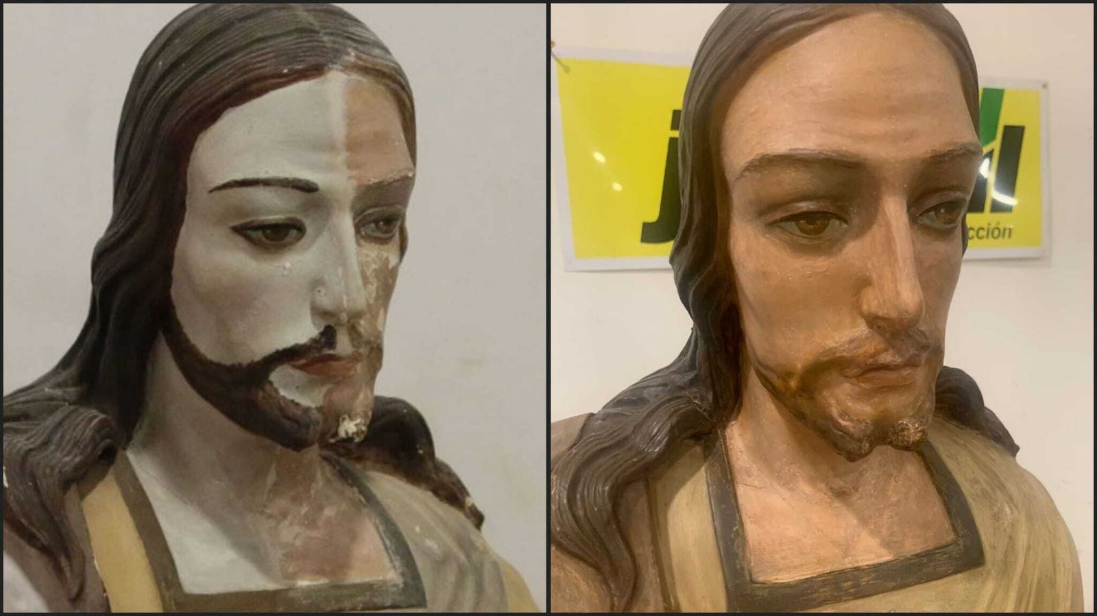 Las capas de pintura acrílica han desaparecido recobrando el óleo y la policromía original de esta talla de 1941 de la Casa Consistorial de Almería.