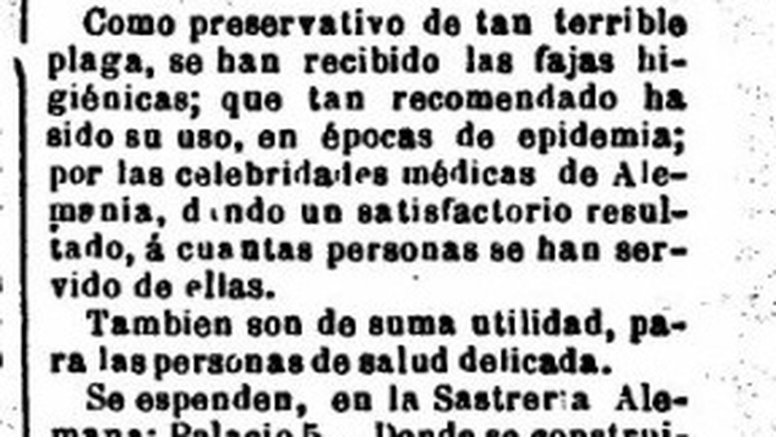 Anuncio fajas higiénicas o mascarillas, en la epidemia de 1885.