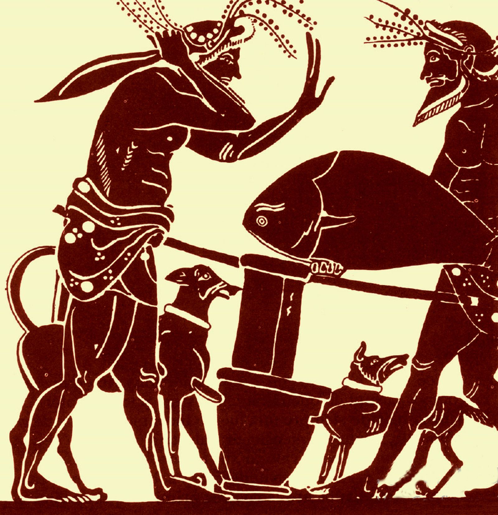 Escena de despiece de un atún en una cerámica griega de época helenística.