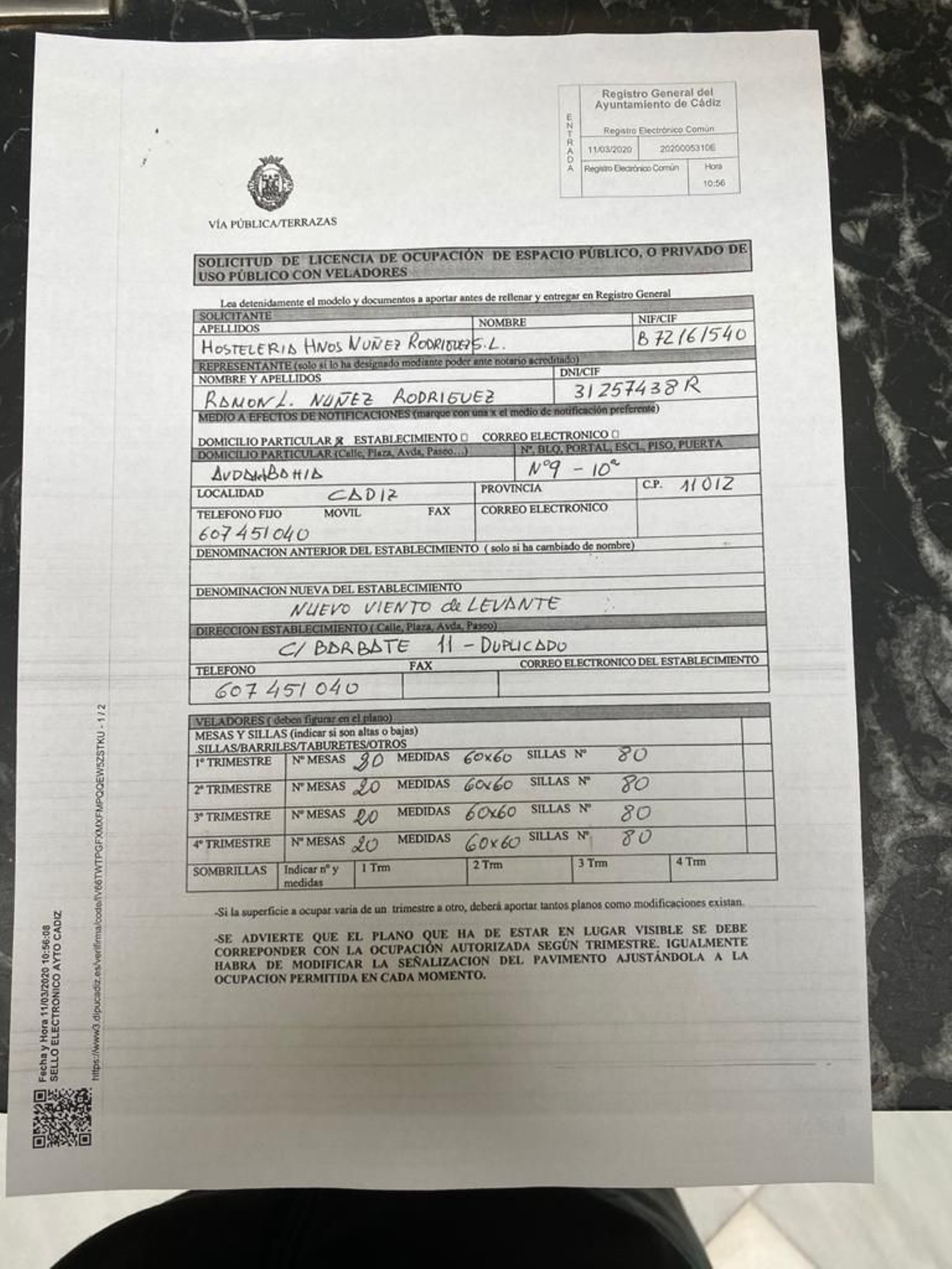 Solicitud de ocupacion de espacio público para una terraza.