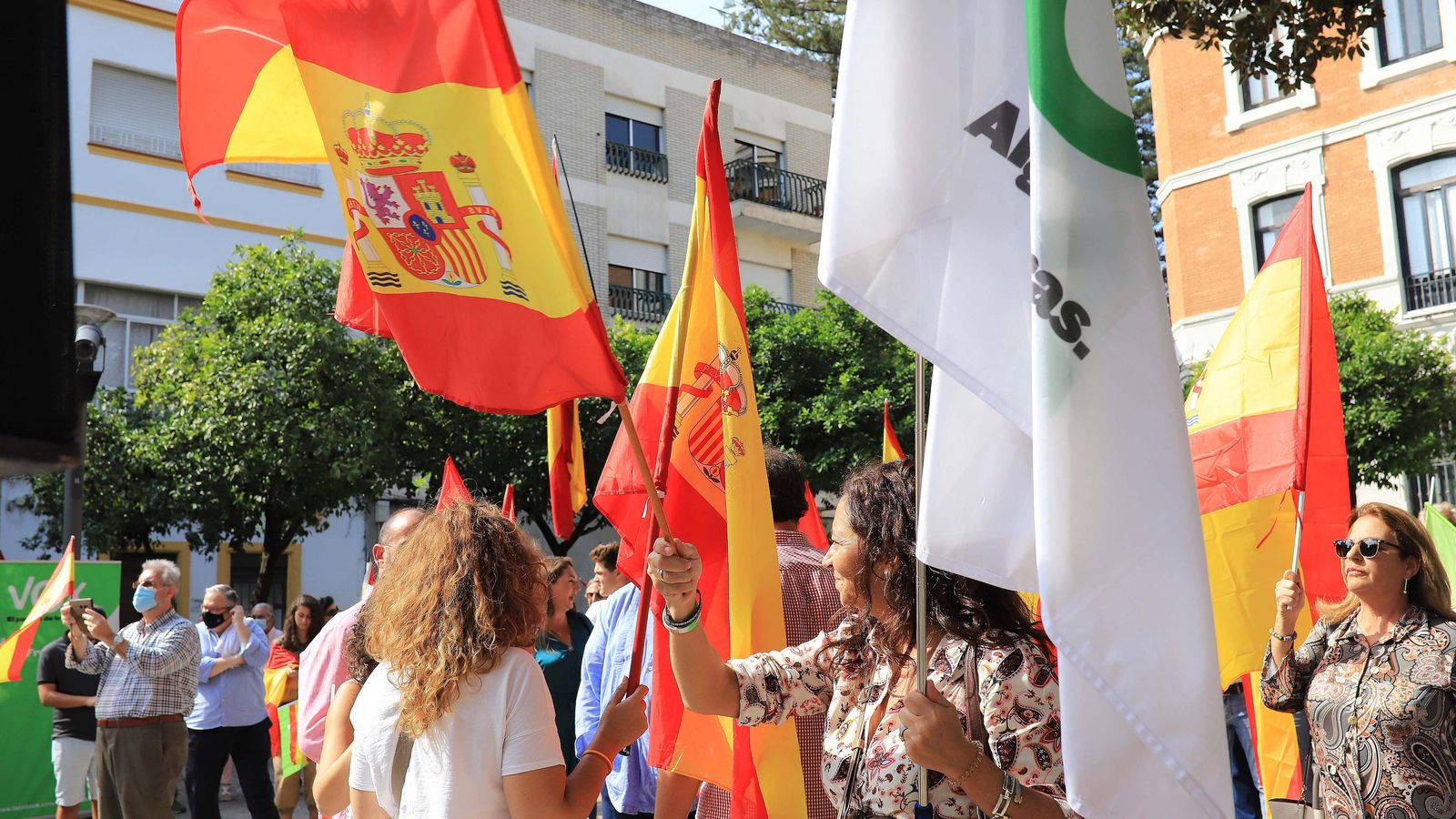Simpatizantes de Vox con banderas de España durante el acto del 12 de octubre en Jerez.