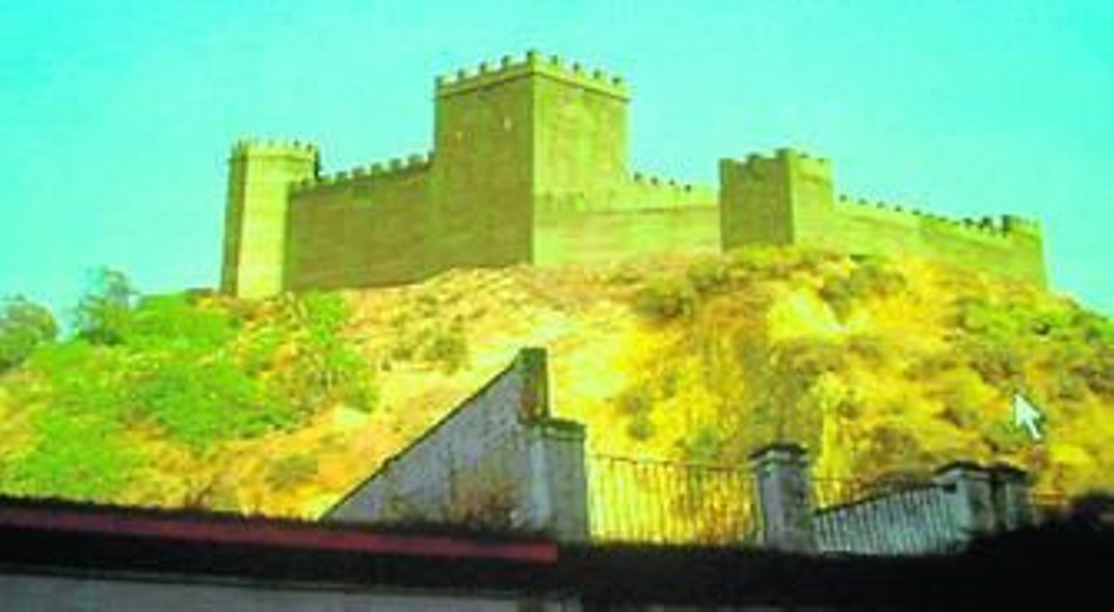 Recreación realizada en 2006 en la Onubense. El castillo aparece en el cabezo de San Pedro, según los planos descubiertos por Carriazo.