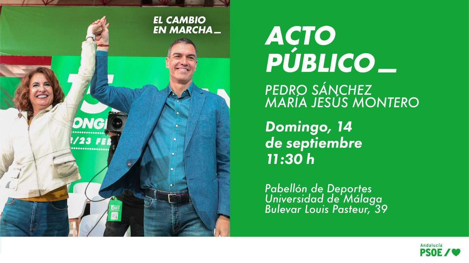 Cartel del PSOE para anunciar el mitin de Pedro Sánchez con María Jesús Montero en Málaga.