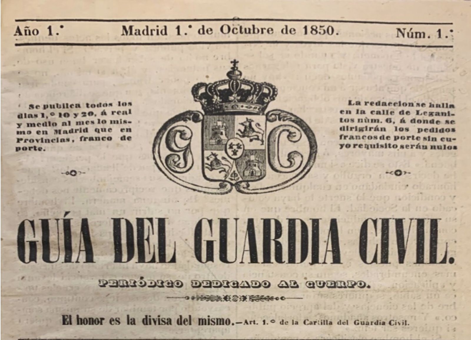 Cabecera del primer número del "Guía del Guardia Civil", publicado el 1º de octubre de 1850.