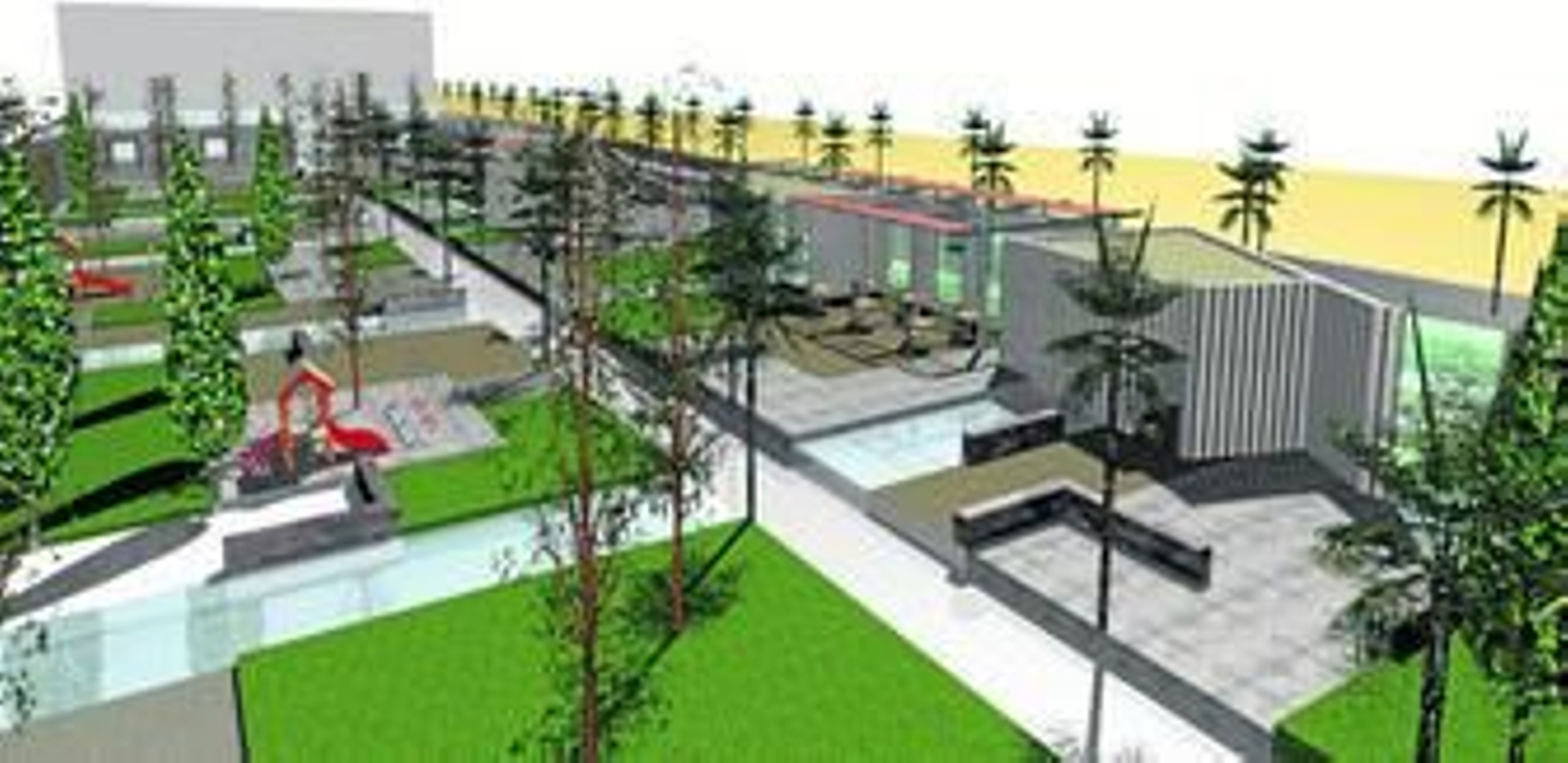 Imagen virtual de cómo quedará la nueva zona verde en el antiguo cementerio de San José, con la playa al fondo, las fuentes y los caminos enlosados.