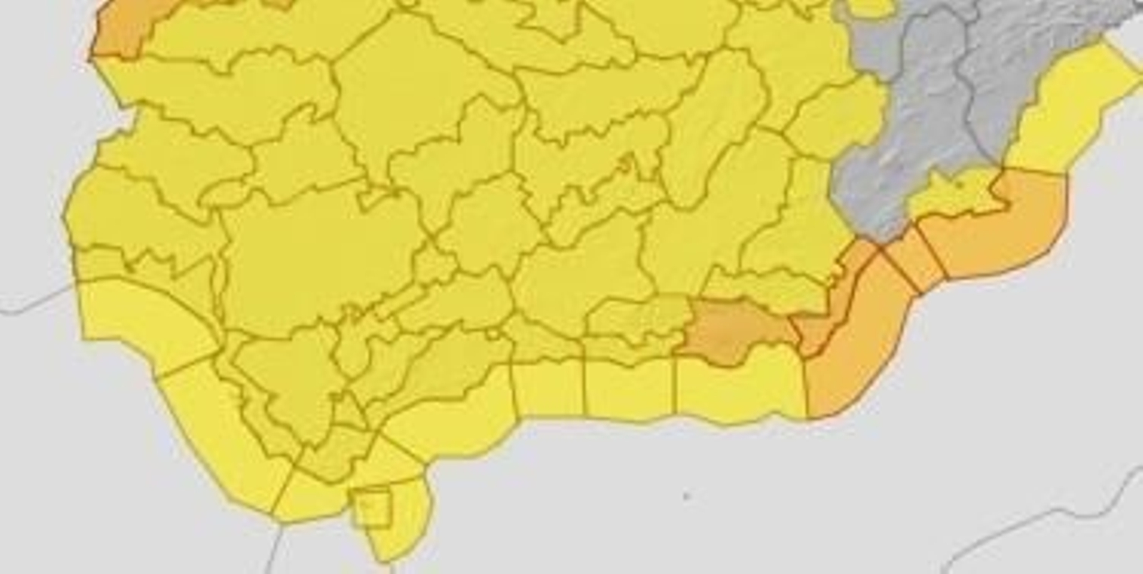 Mapa de alerta amarilla en casi toda Andalucía