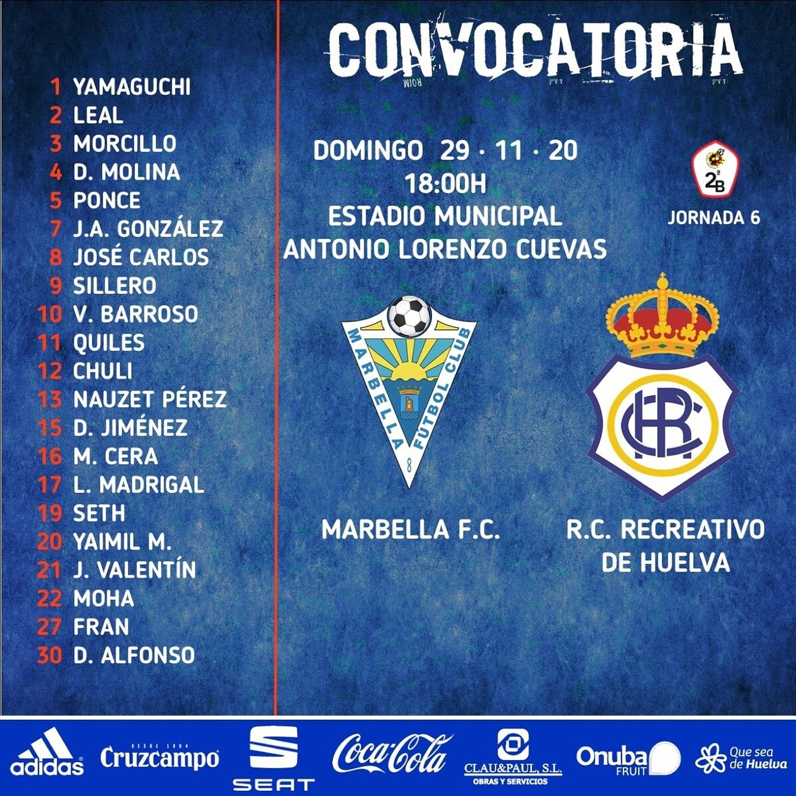 Convocatoria del Decano para su partido de mañana en Marbella.