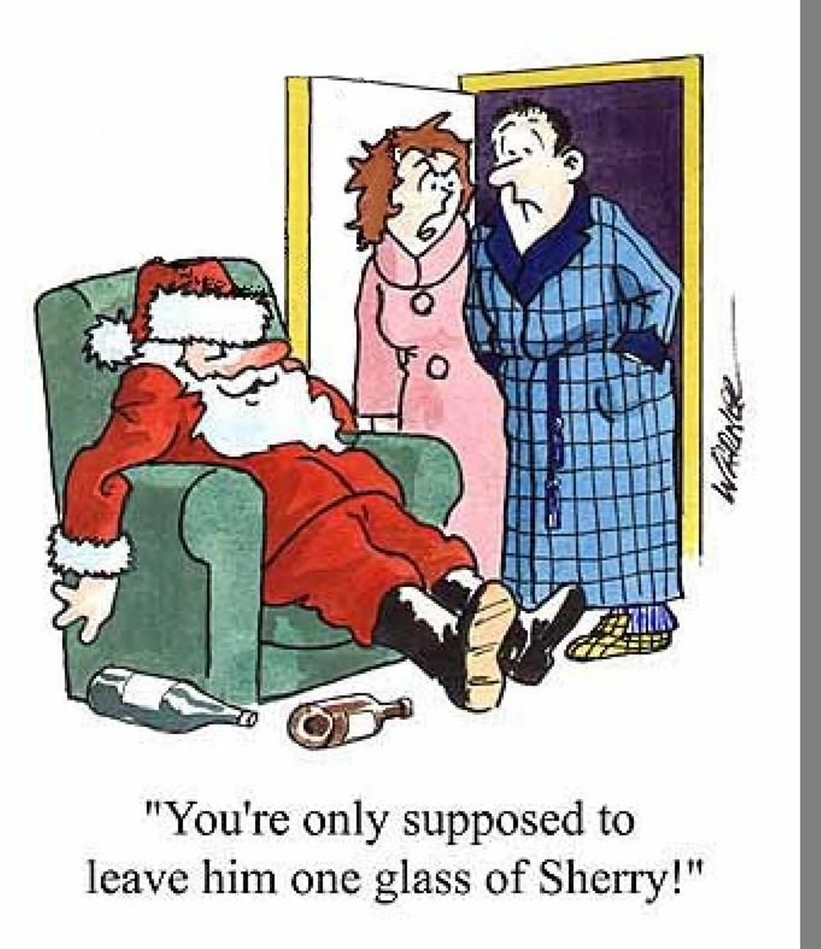 Caricatura de Santa con algo más de una copa de sherry.