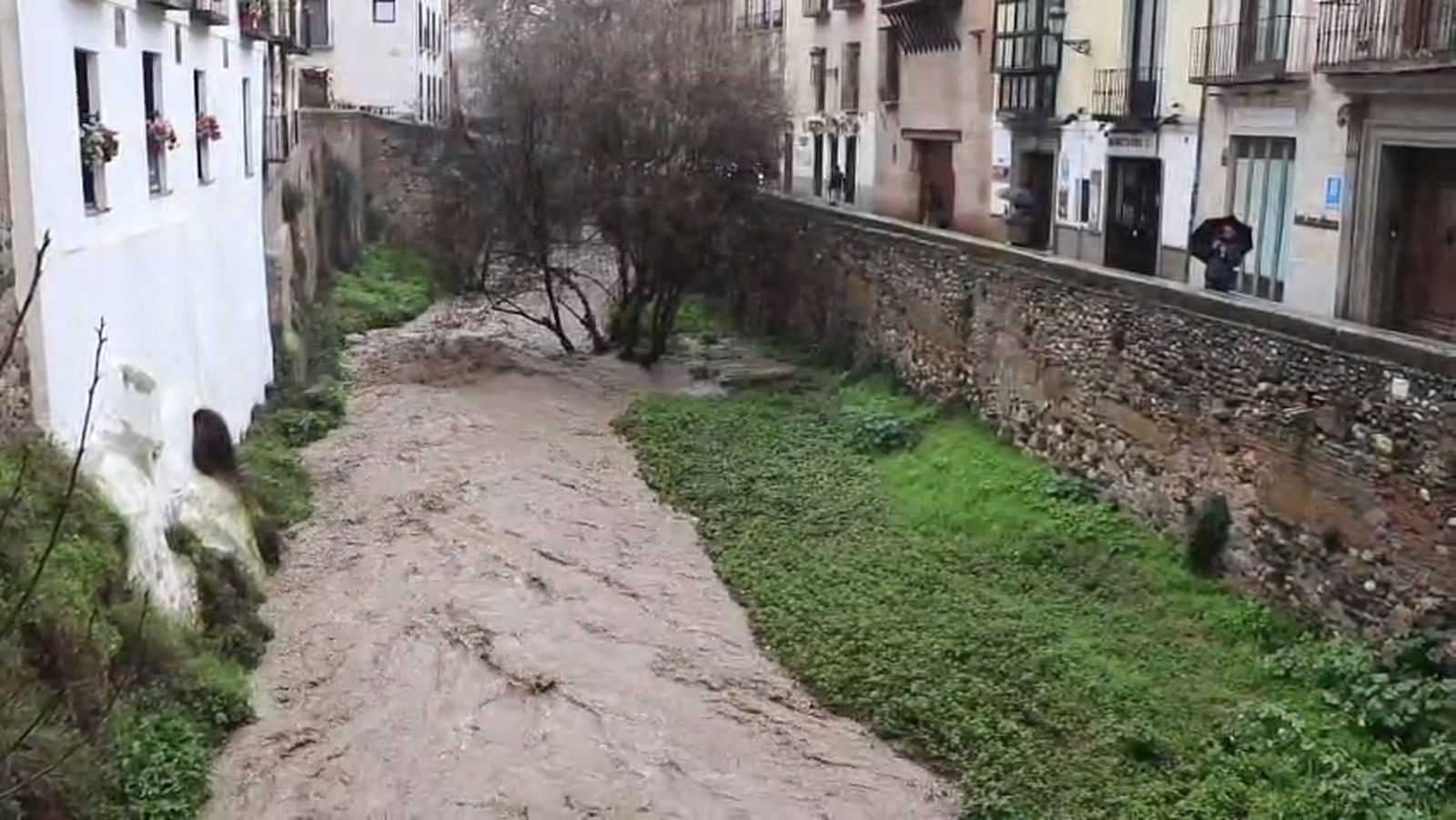 El río Darro, crecido por el paso de la borrasca Leonardo.