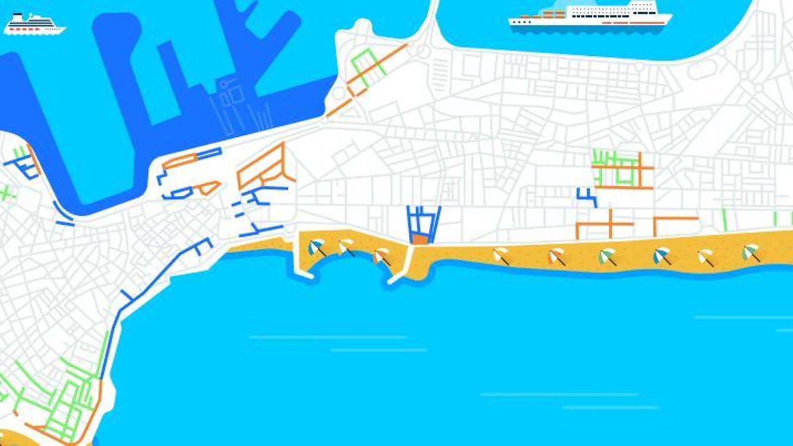 Mapa de zona naranja, azul y verde.