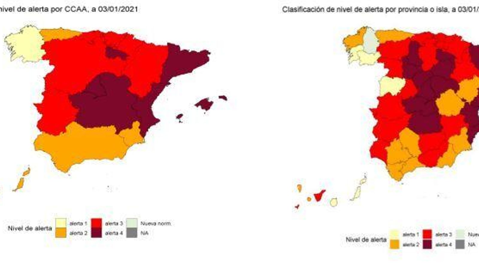 Gráfico del Ministerio de Sanidad con los niveles de alerta por provincias