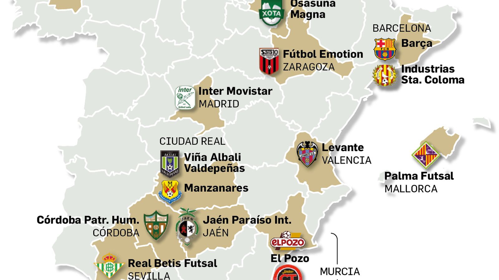Distribución geográfica de los 16 equipos de Primera División.