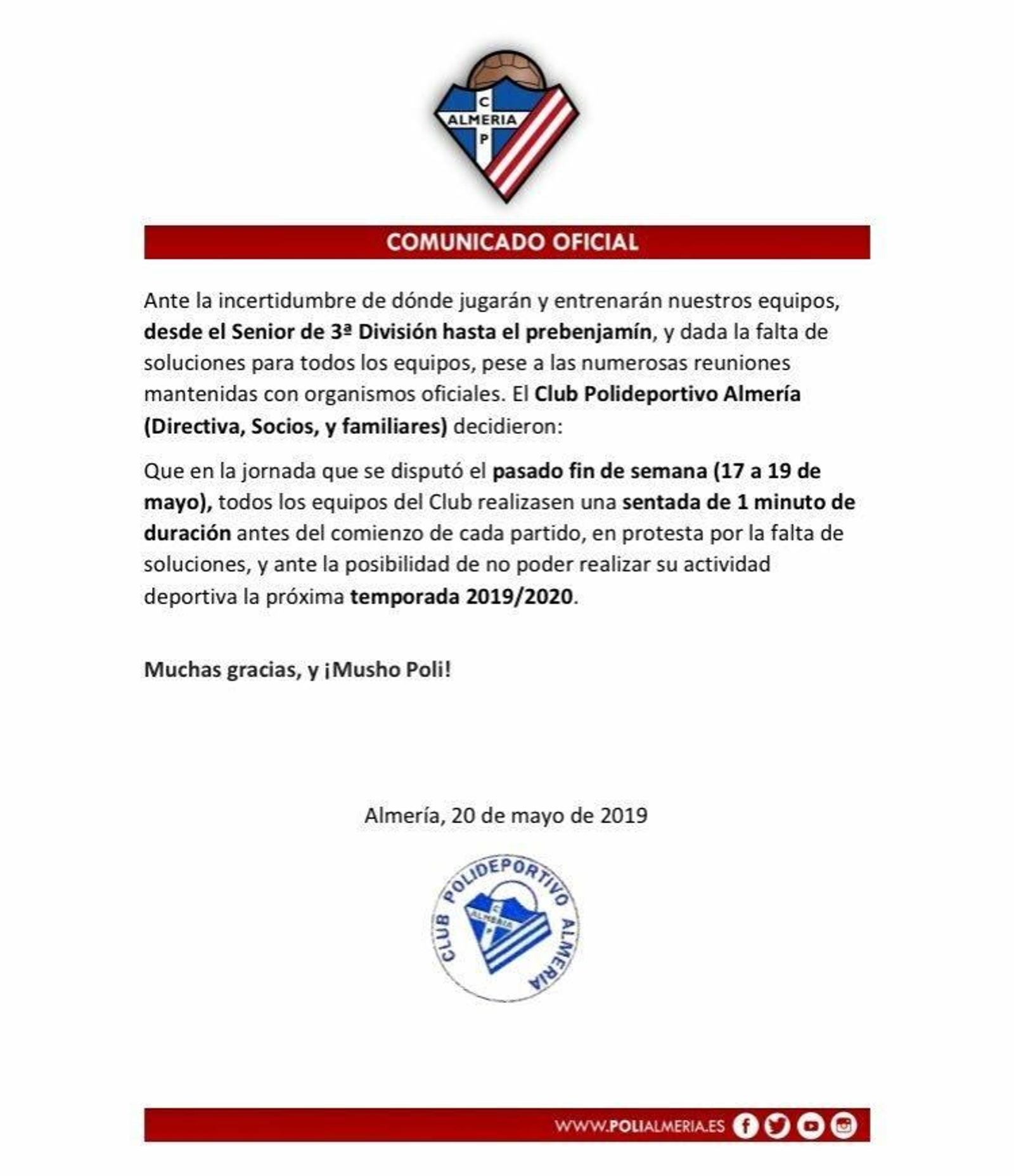 Comunicado oficial del Poli Almería.