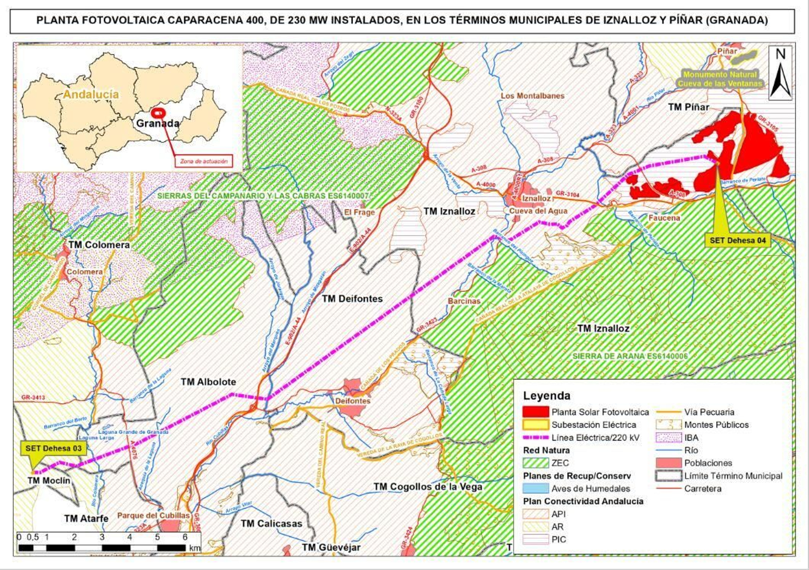 Ubicación de la línea de evacuación de 'Caparacena 400' y su unión en Moclín con 'Caparacena 220'