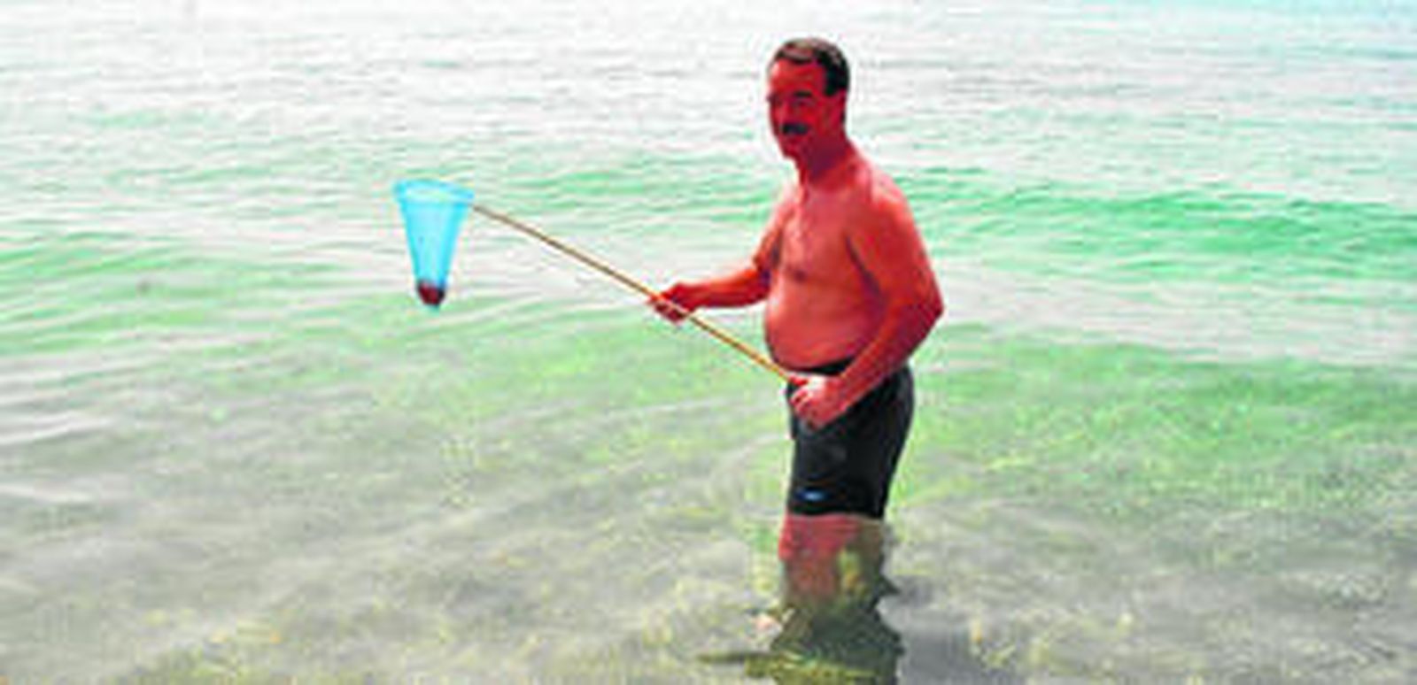 Un hombre recoge medusas en una playa de Fuengirola.