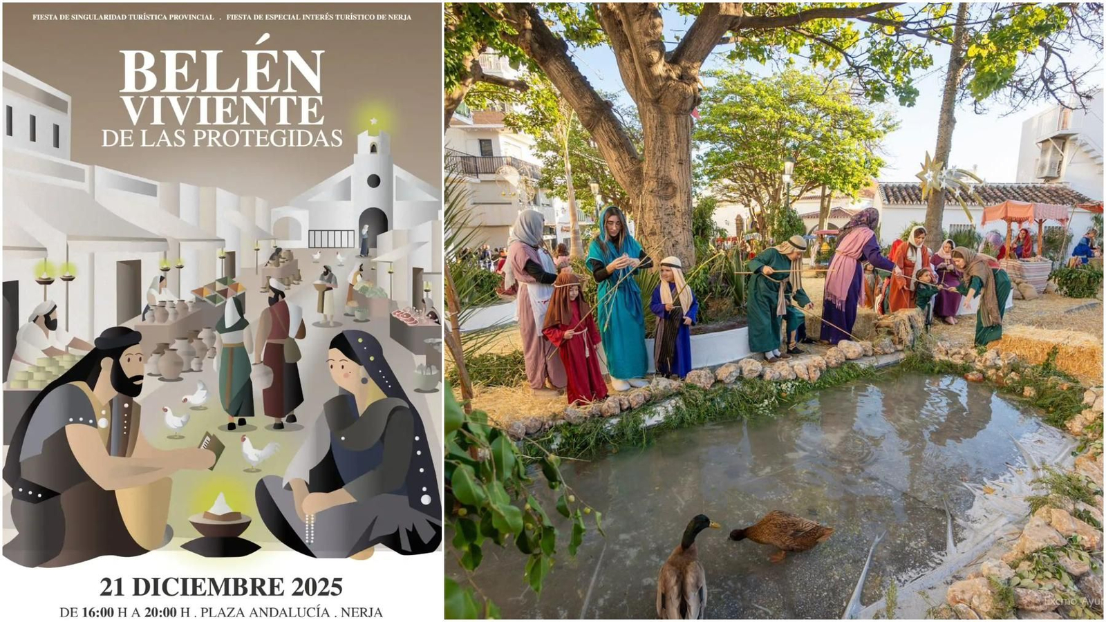 El cartel del presente año y una escena de la pasada edición del Belén Viviente de Las Protegidas de Nerja.