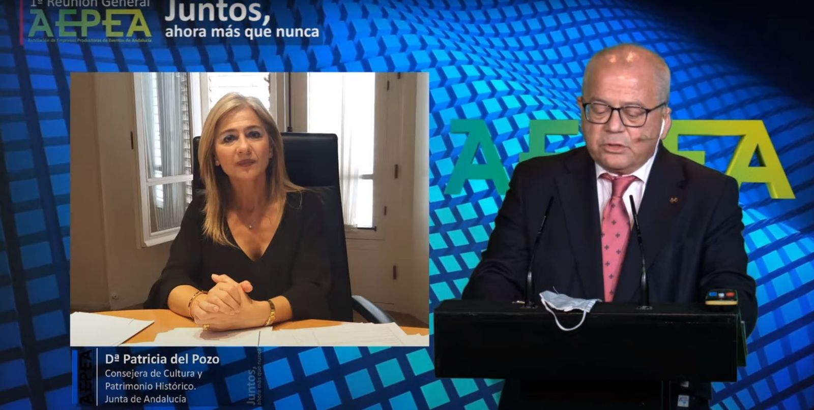 La consejera Patricia del Pozo y Francisco Bustamante, presidente de la asociación de productoras de eventos, durante la asamblea celebrada de manera telemática.