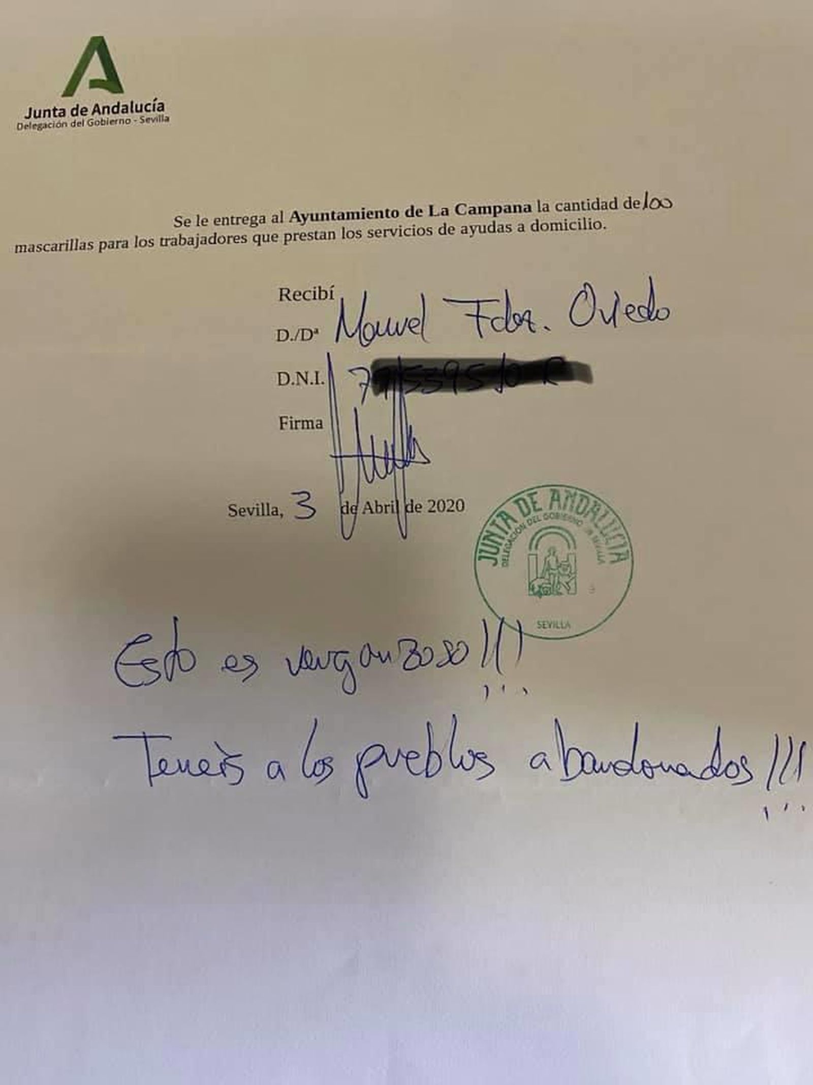 El recibí, donde se especifica que son sólo 100 mascarillas, para cubrir a 183 usuarios de ayuda a dependencia.