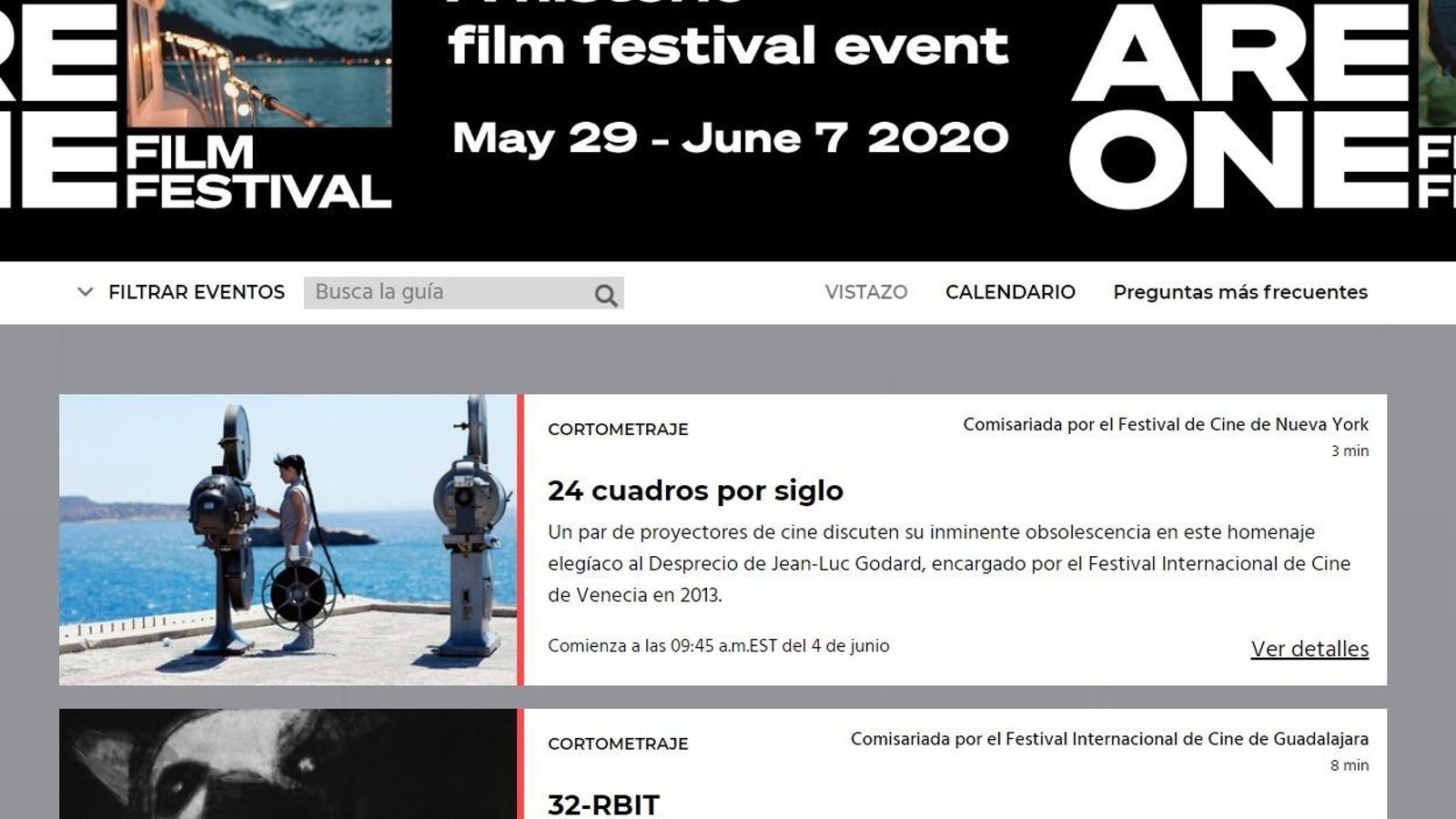 Pantallazo del festival de cine online.