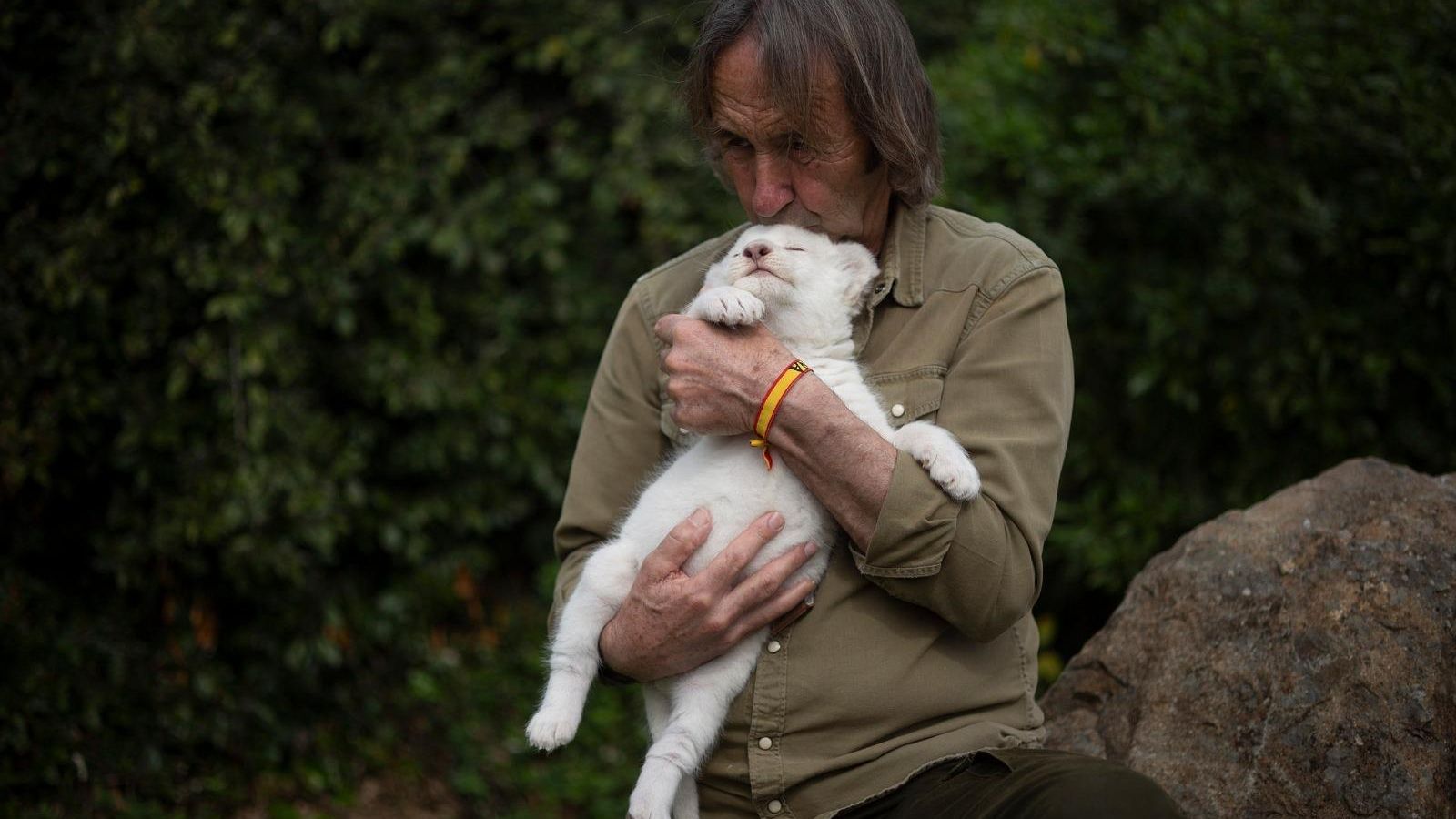 Juan Luis Malpartida con el cachorro de león blanco.