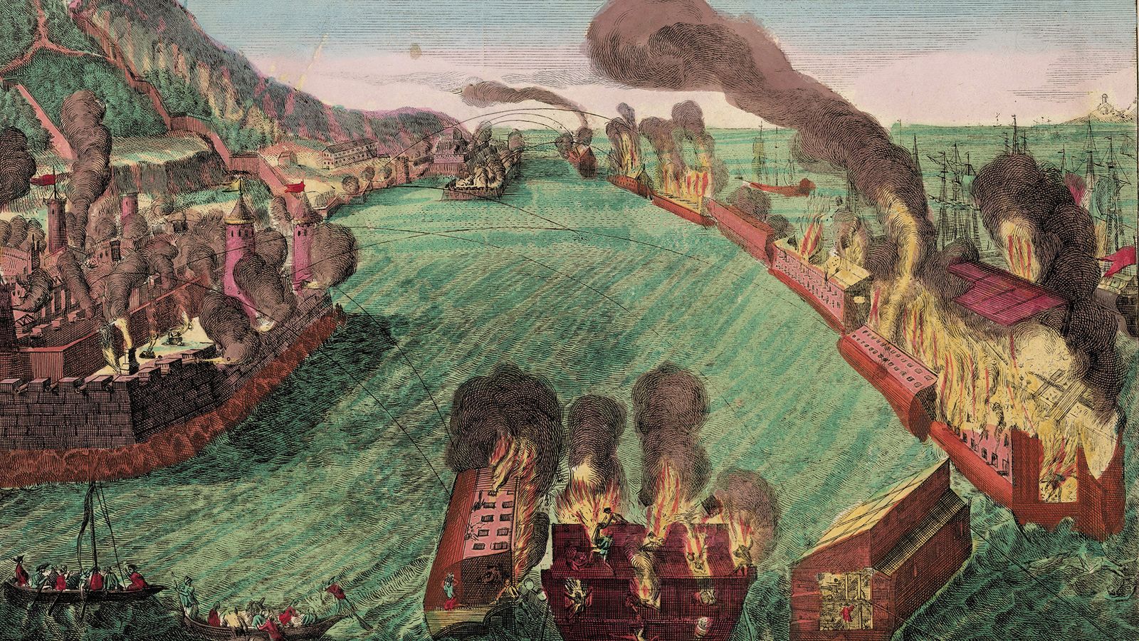 Grabado alemán que muestra a las baterías flotantes de D’Arçon posicionadas frente a Gibraltar el 13 de septiembre de 1782. Algunas de ellas ardiendo.