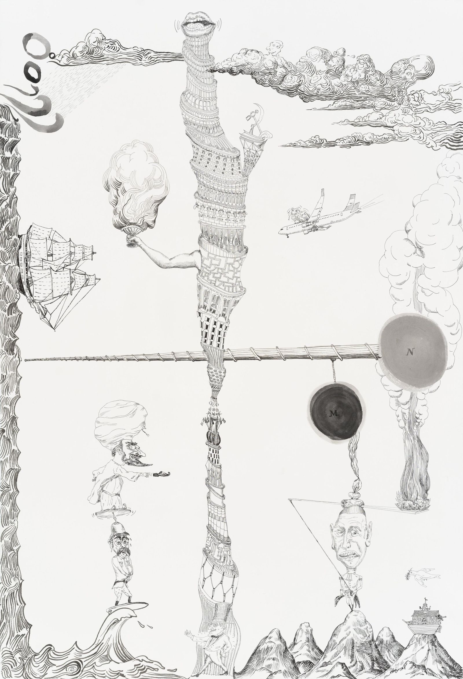 'Alrededor de Babel' de Curro González, tinta sobre papel, 2021.