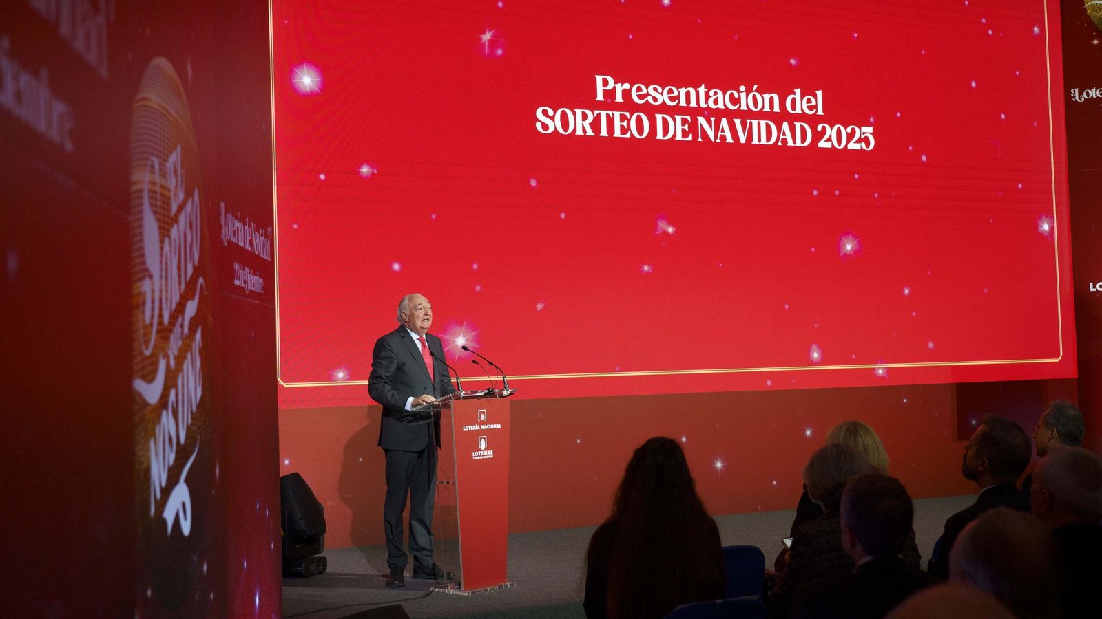 El presidente de Loterías y Apuestas del Estado, Jesús Huerta, durante la presentación de la campaña de la Lotería de Navidad de 2025.