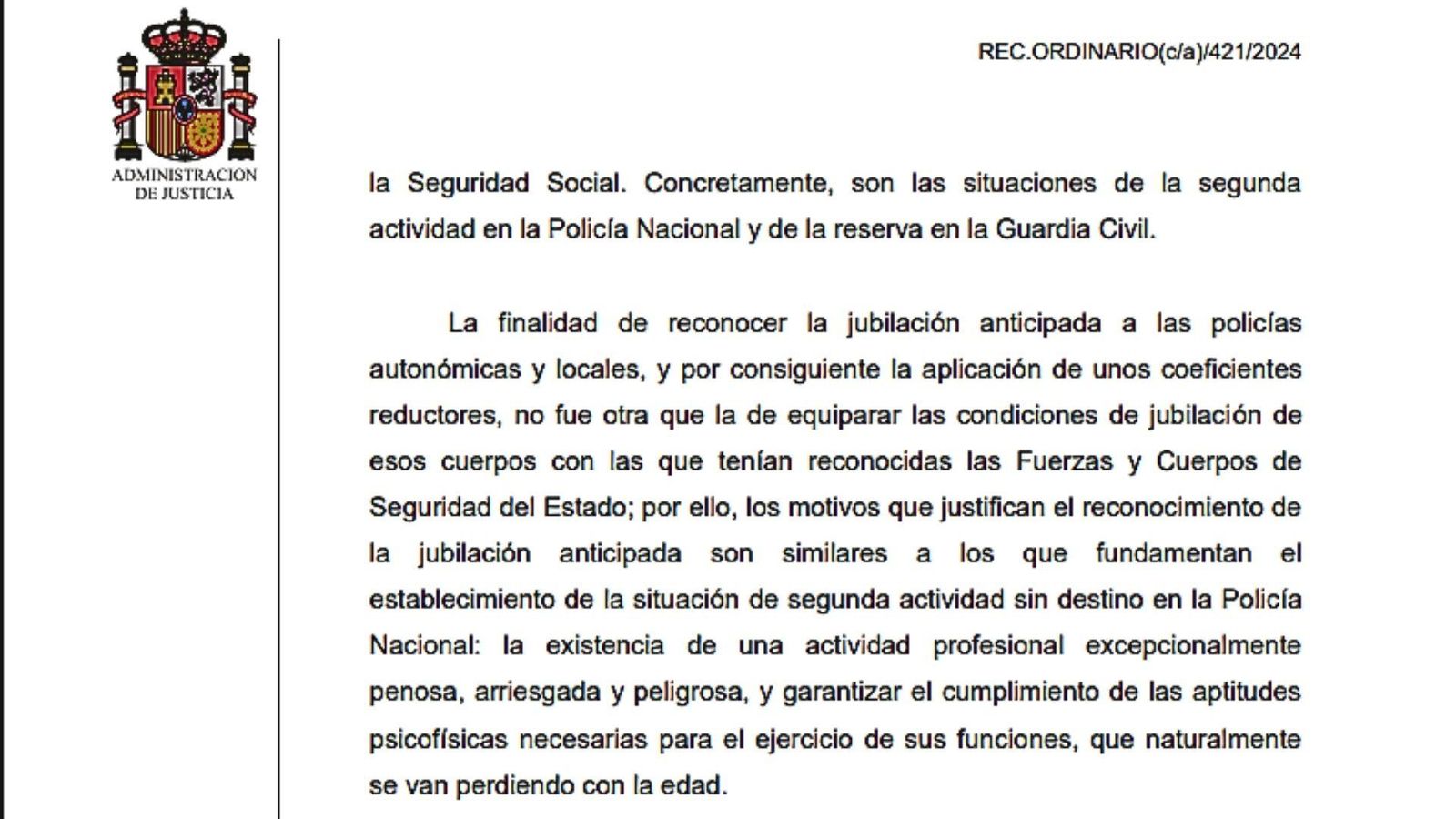 Captura de pantalla de la sentencia, reconociendo el riesgo de la profesión.