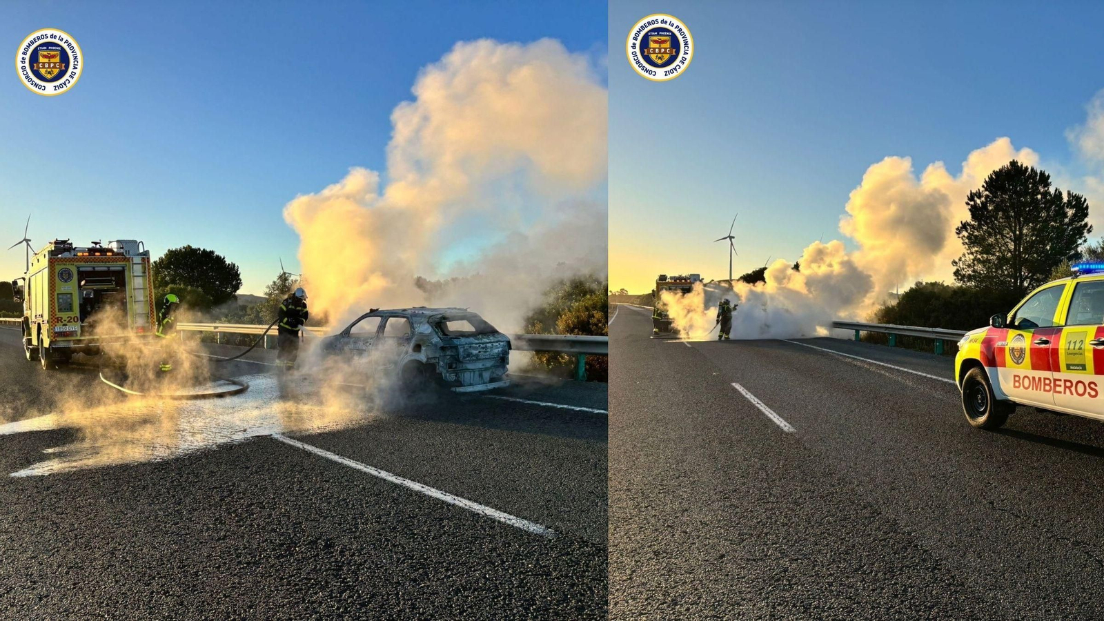 Coche calcinado en la A-381 en sentido Los Barrios, este viernes por la mañana.