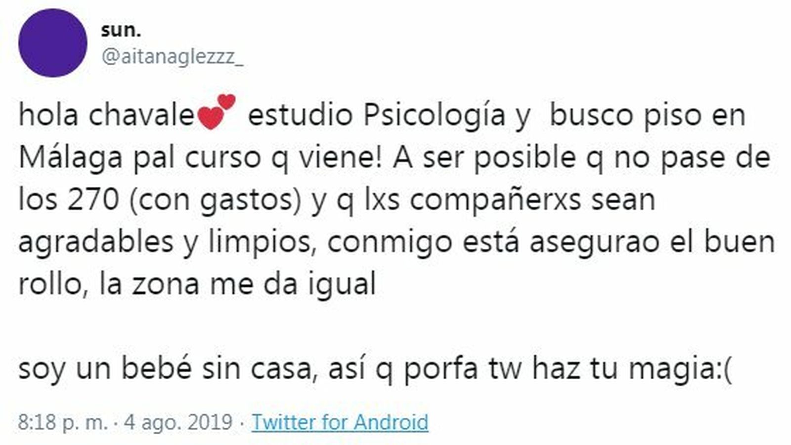 Anuncio de un estudiante buscando piso en Twitter.