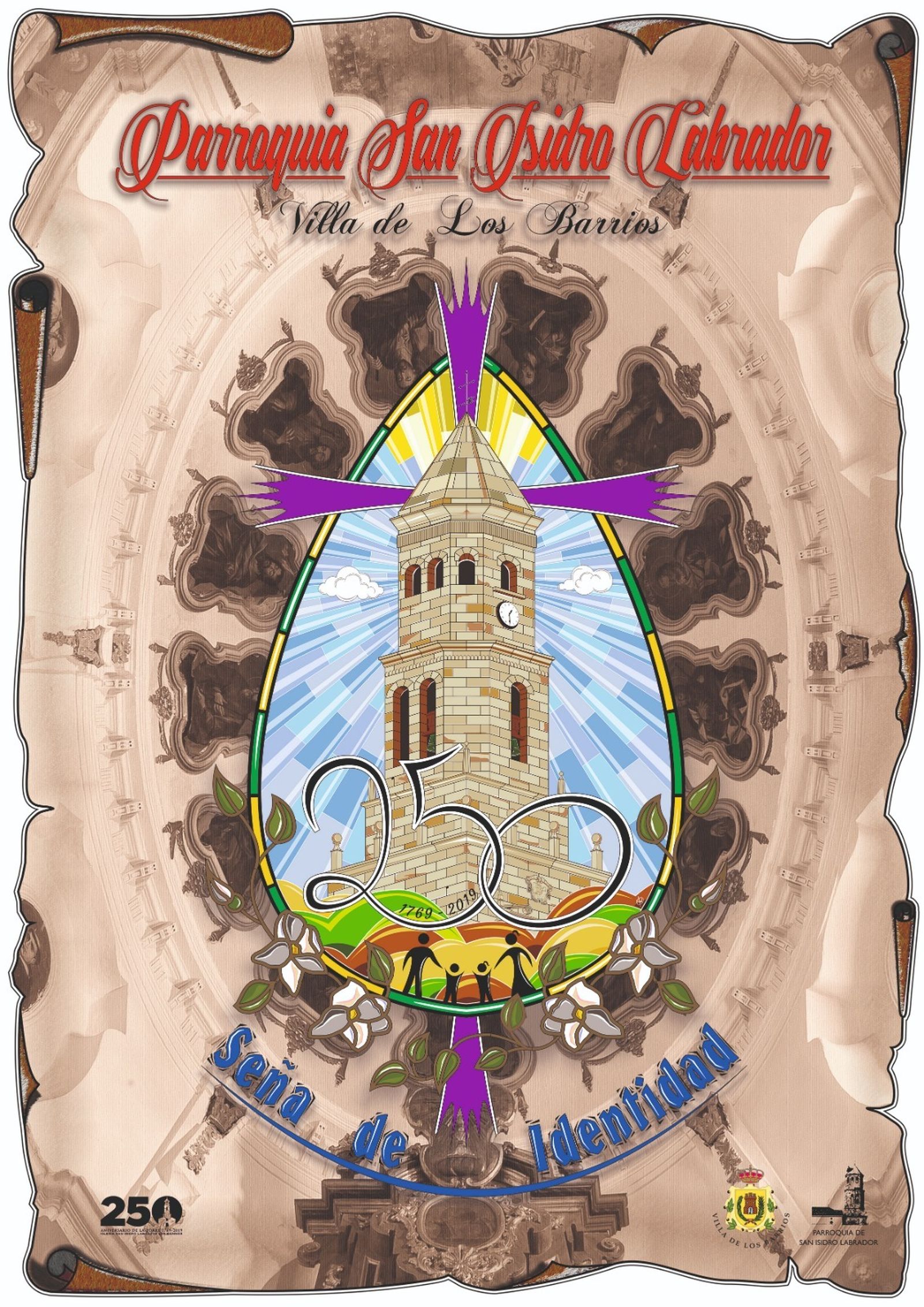 El cartel conmemorativo del 250 aniversario de la torre de la iglesia.