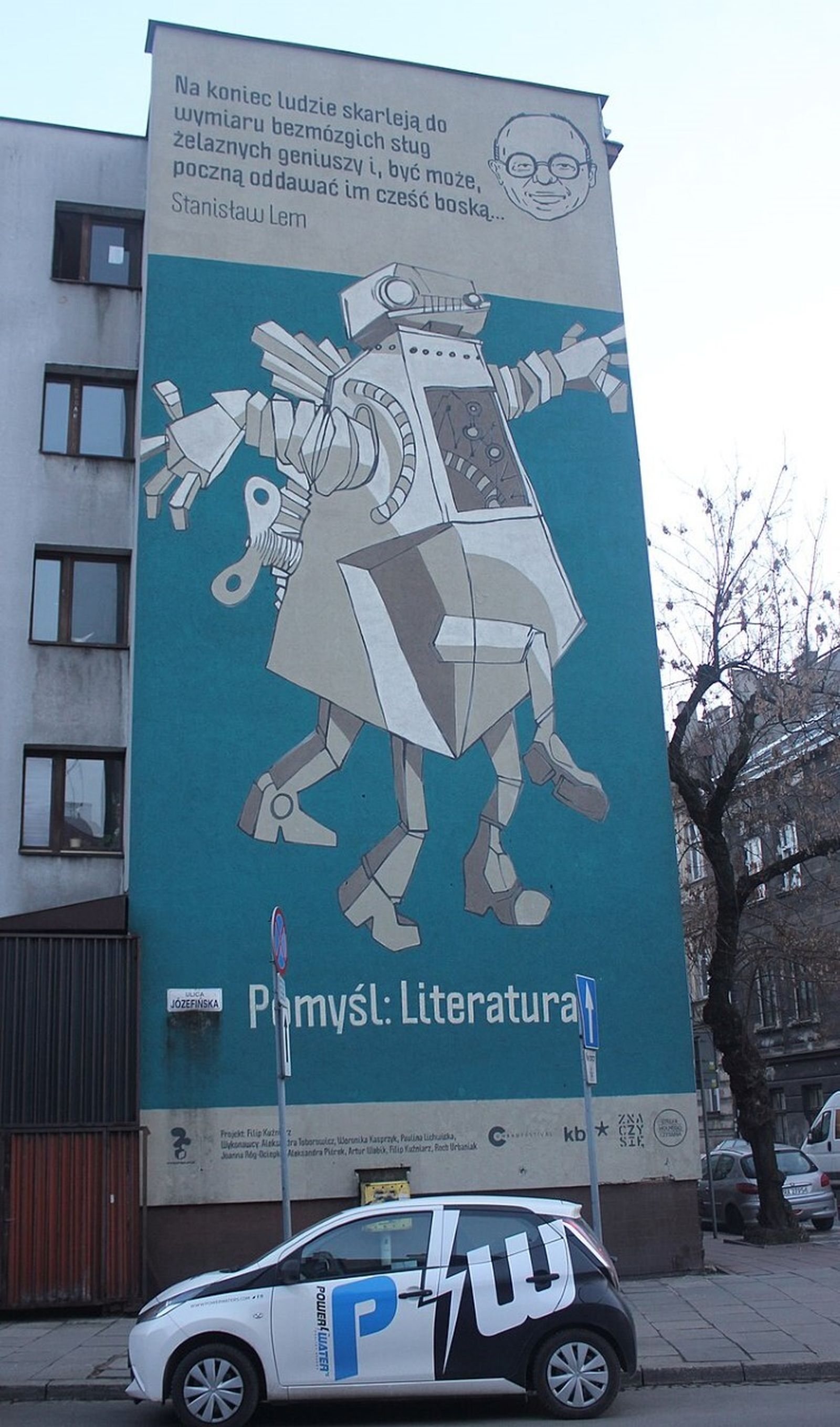 Cartel conmemorativo de la obra de Lem en Cracovia, por Filip Kuznjarz.