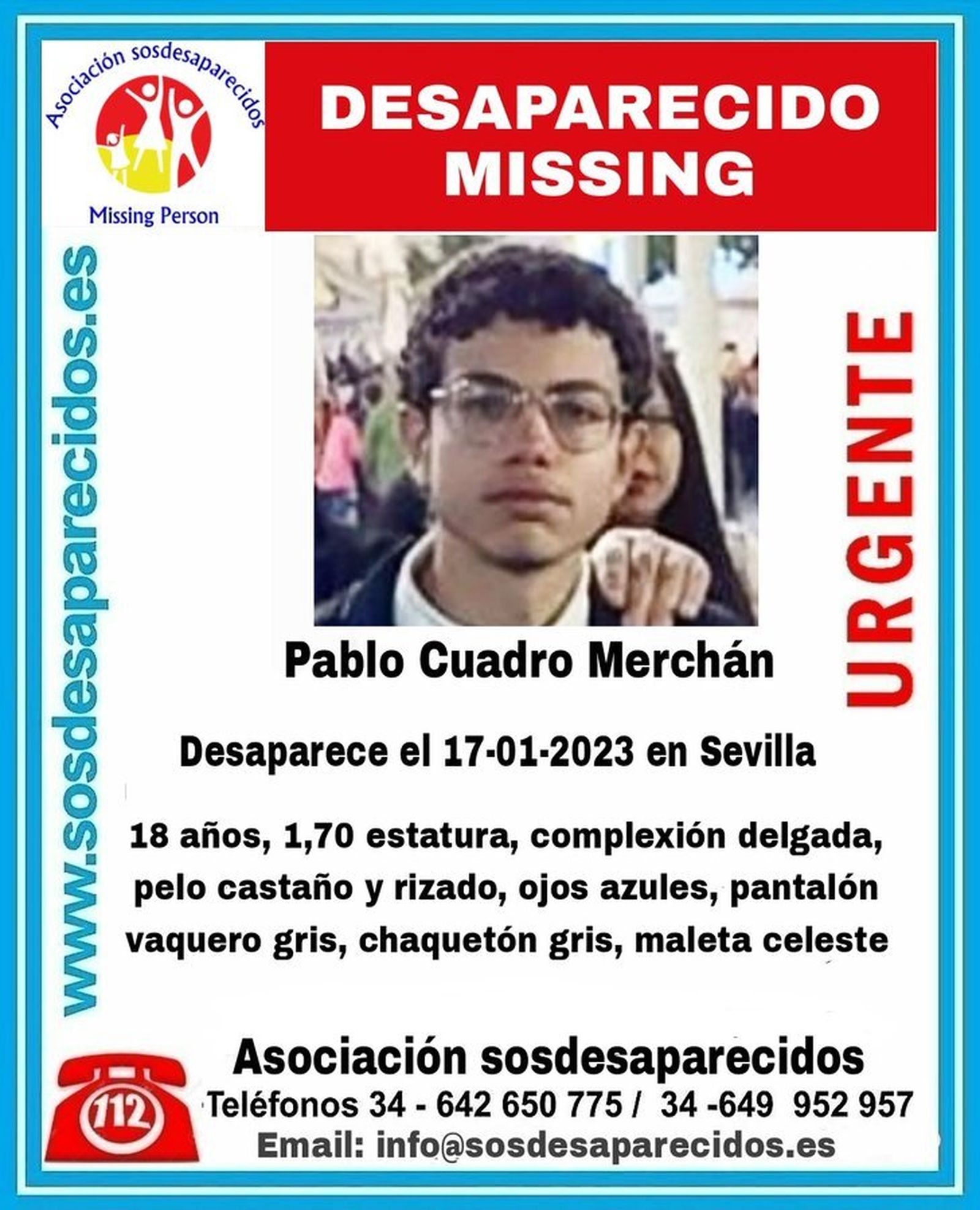 La imagen de Pablo Cuadro Merchán difundida por SOS Desaparecidos.