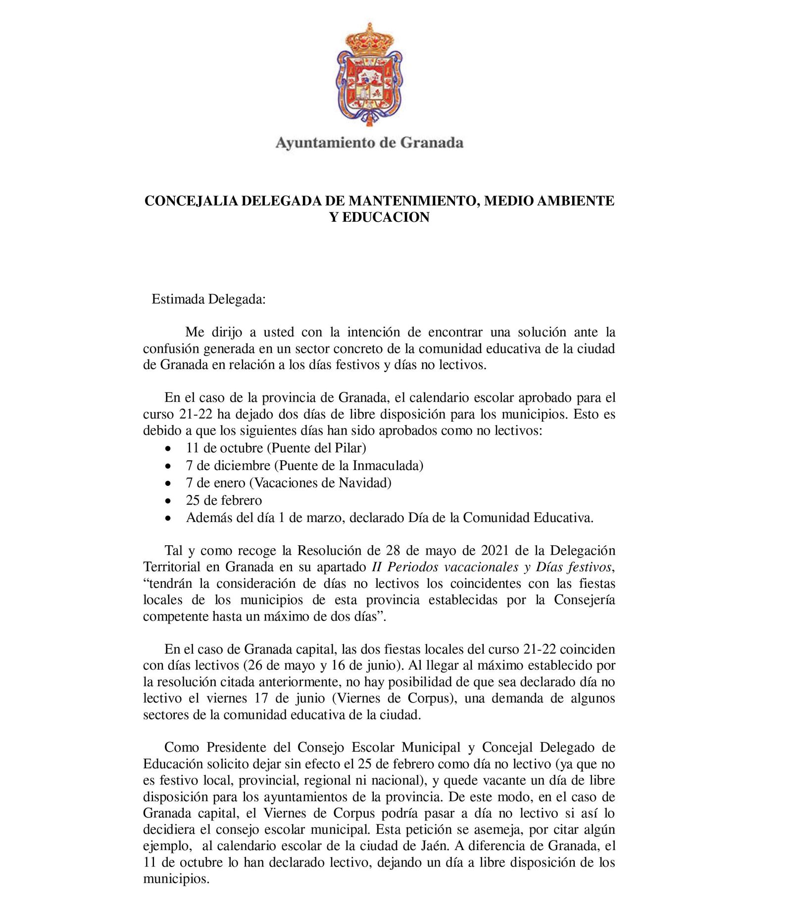 Carta delegada educación Jacobo Calvo