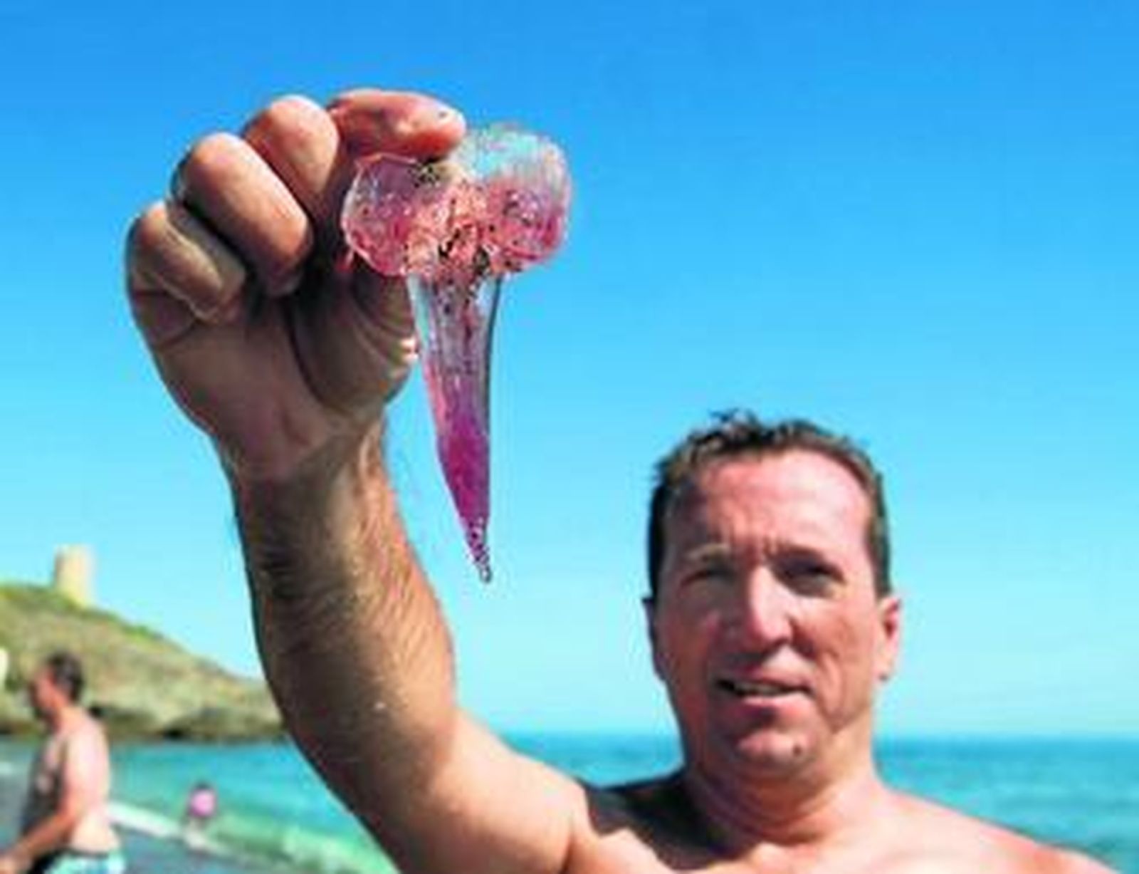 Un bañista saca una medusa del agua en la playa de La Araña.
