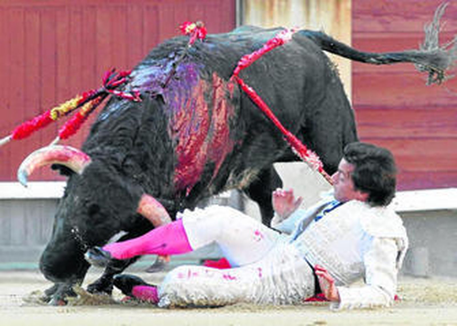 El momento de la cogida sufrida por el diestro Gabriel Picazo el entrar a matar a su primer toro en Las Ventas.