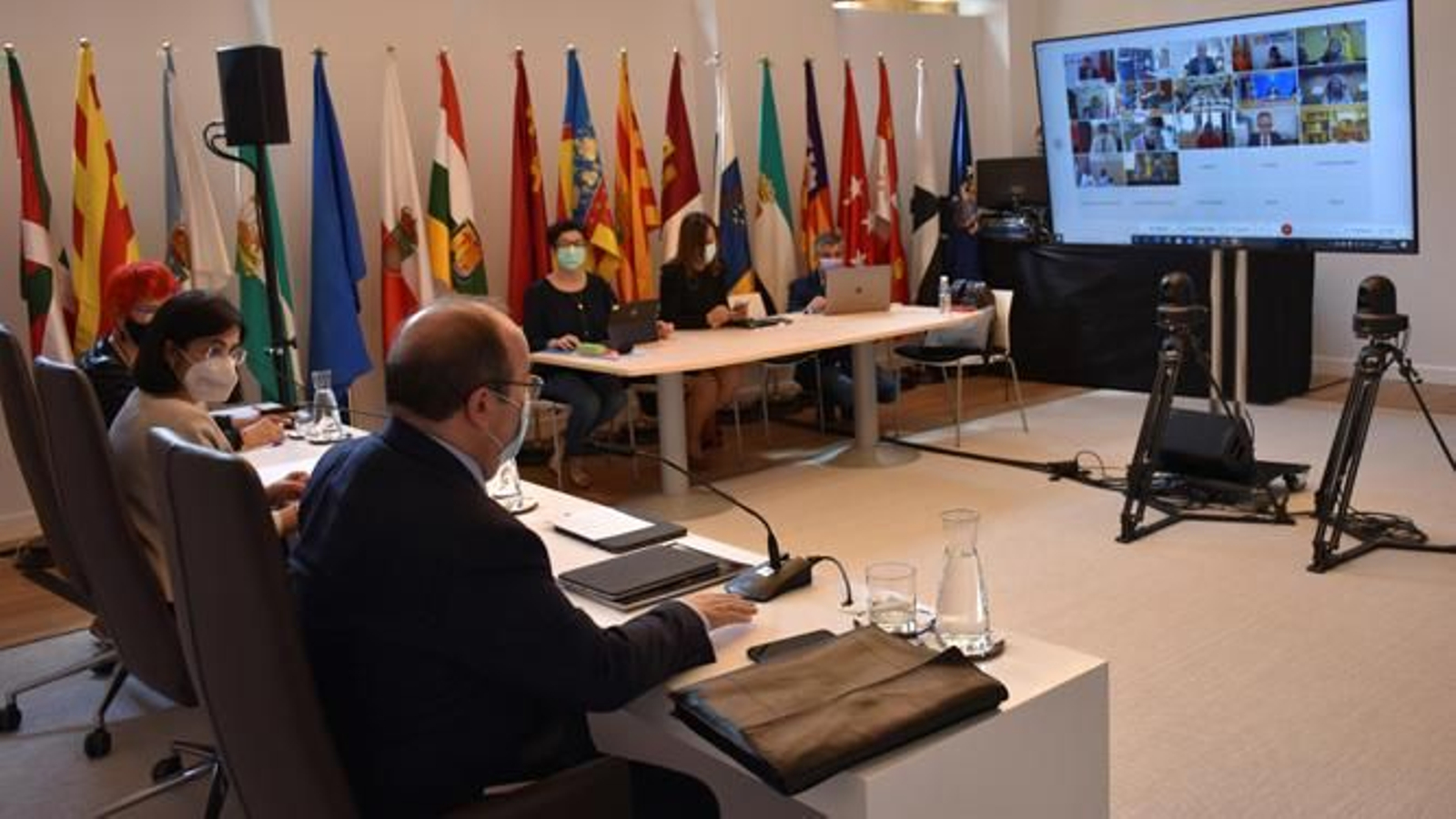 Miquel Iceta y Carolina Darias, durante la reunión telemática del Consejo Interterritorial de Salud.