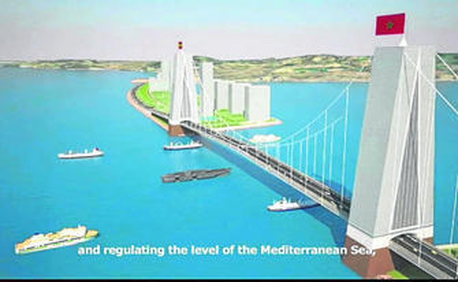 Una captura del vídeo donde se muestra una recreación infográfica del proyecto de presa-puente del Estrecho.