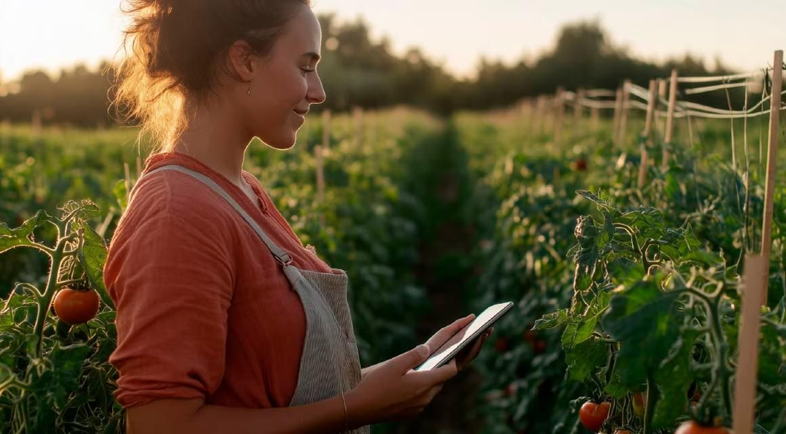 Una mujer trabaja en un cultivo de tomate. Una mujer trabaja en un cultivo de tomate.