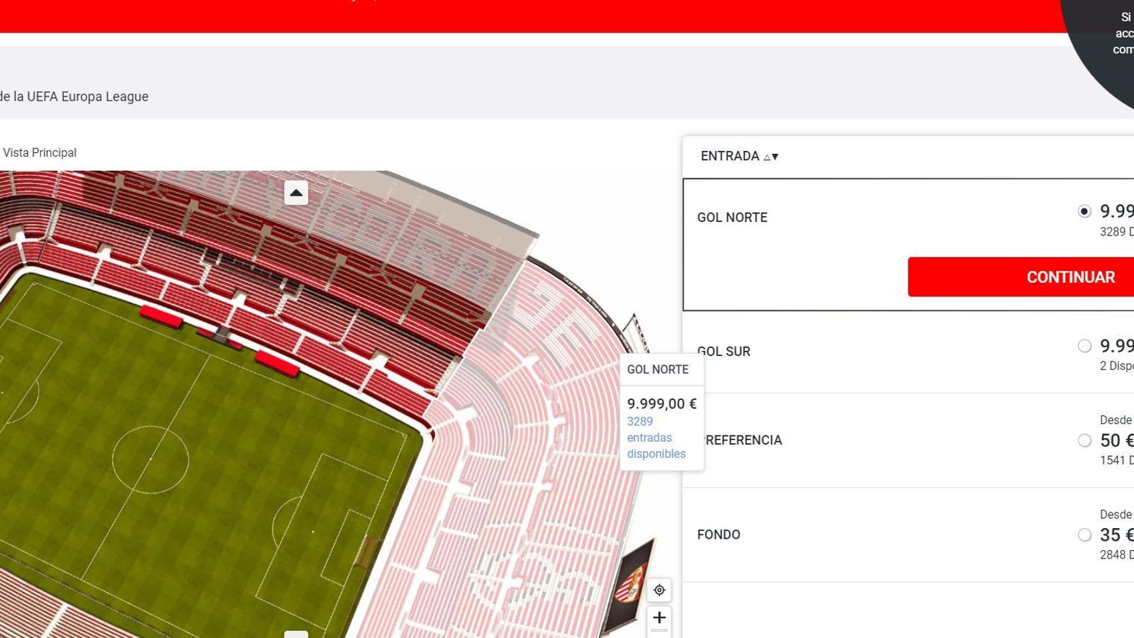 Captura de pantalla de la página oficial de venta de entradas, con el precio de 9.999 euros.