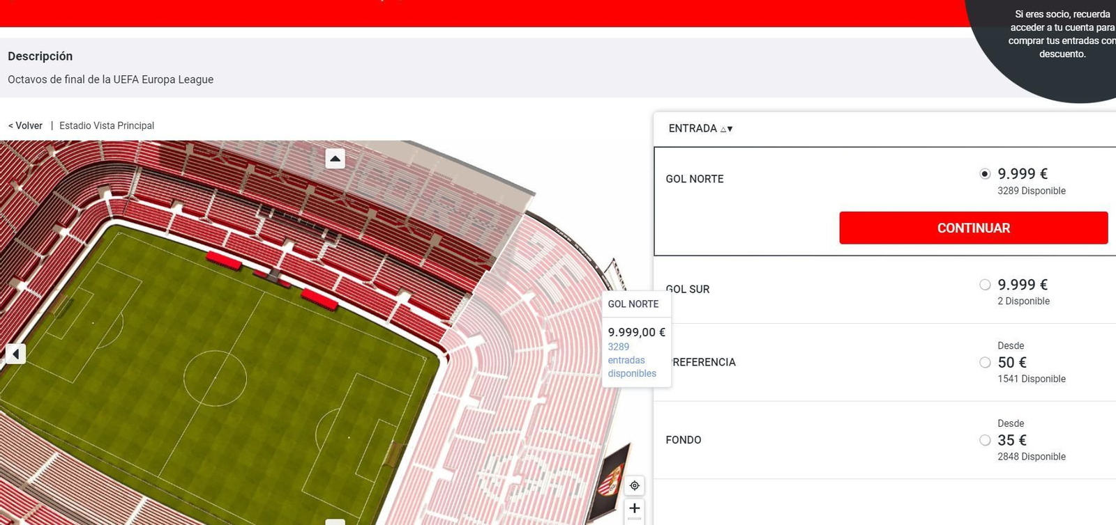 Captura de pantalla de la página oficial de venta de entradas, con el precio de 9.999 euros.