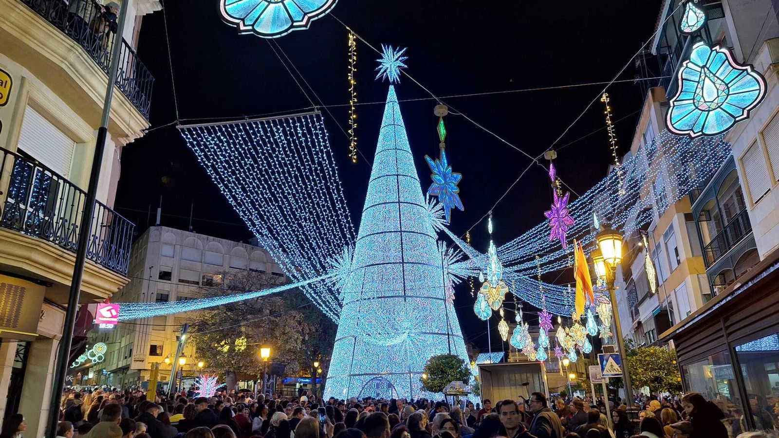 Encendido del enorme árbol de Navidad de Puente Genil.